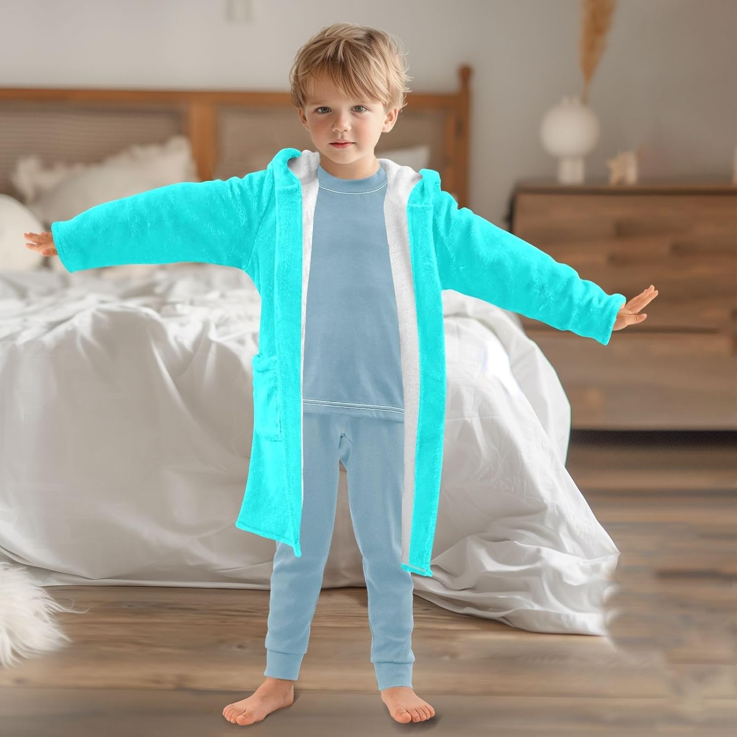 ODAWA Cyan Aqua Kids Bathrobe - Soft Plush Hooded Robe for Boys Girls, Quick Dry Absorbent Beach Swimming Bath Towel