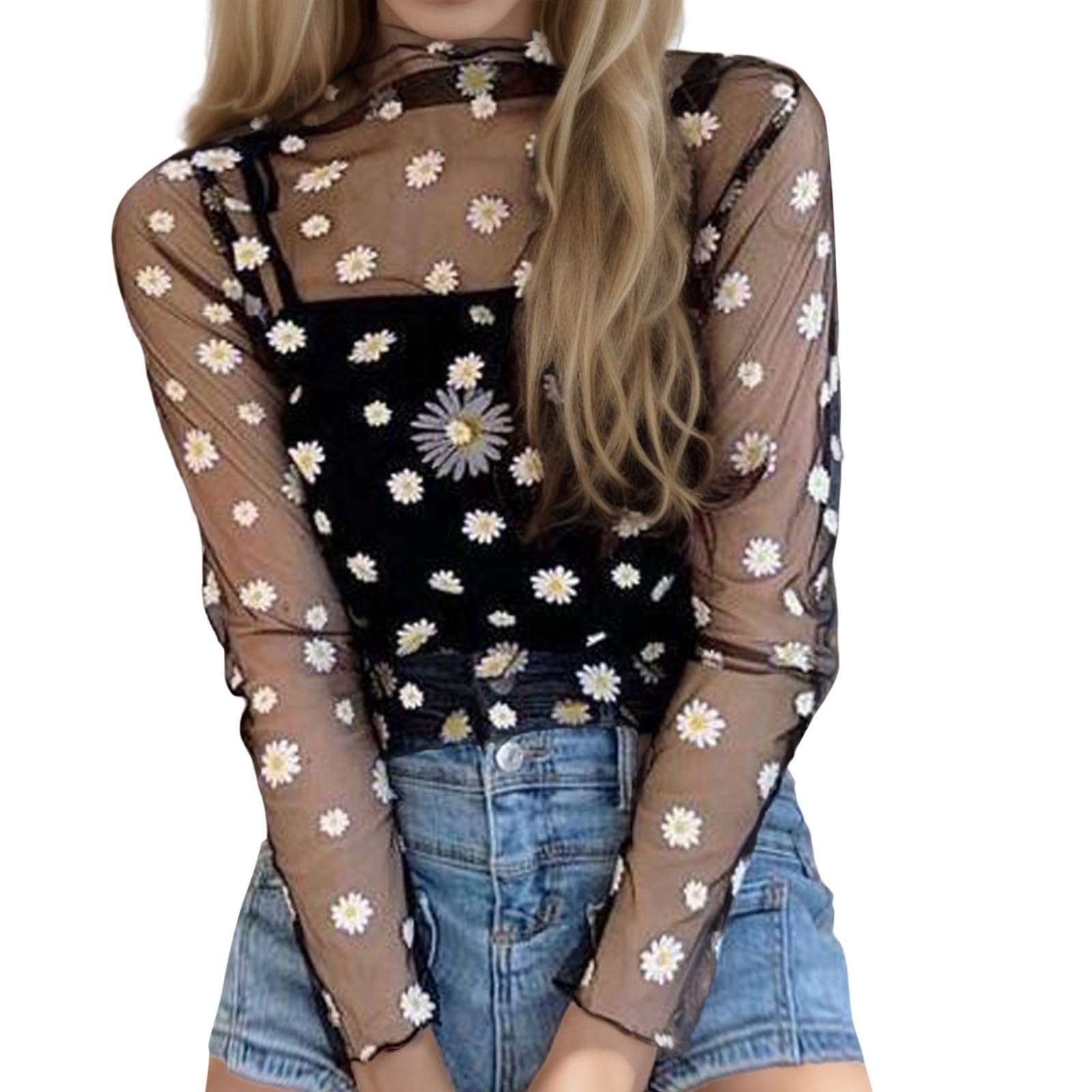 Crop Top Femme Sexy, Haut Manche Longue Femme Col Rond-Tee Shirt Femme Couleur Unie Slim Fit Ajusté Chic Décontractée Tunique Court Crewneck Casual Cut-Out Transparent Y2K Chemise De Mode Blouse