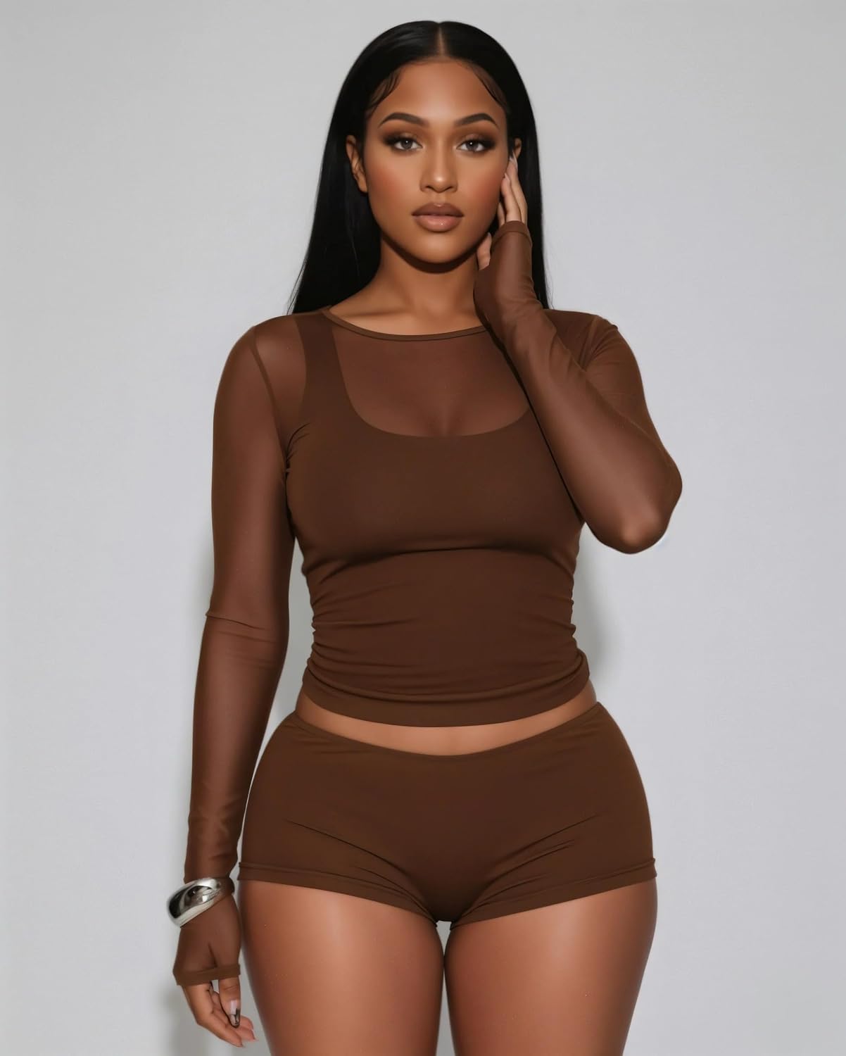 3 Piece Outfits for Women Sexy Sheer Mesh Long Sleeve Tops with Tank Bodycon Short Sets and Calf Sleeve