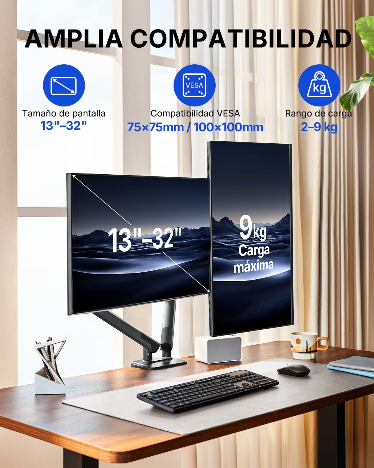 HUANUO Soporte Monitor Doble para Pantallas de 13 a 32" (máx. 9 kg), FlowLift Pro Brazo Monitor, MechaSpring con Inclinación/Giro/Rotación, Montaje VESA sin Herramientas, Montaje por Mordaza-C u Ojal