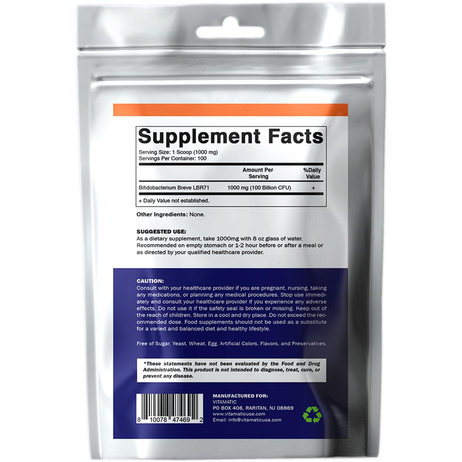 Vitamatic Bifidobacterium Breve Probiotic Powder - Digestive Health Support - 100 Gram (3.5 OZ) - 100 Servings