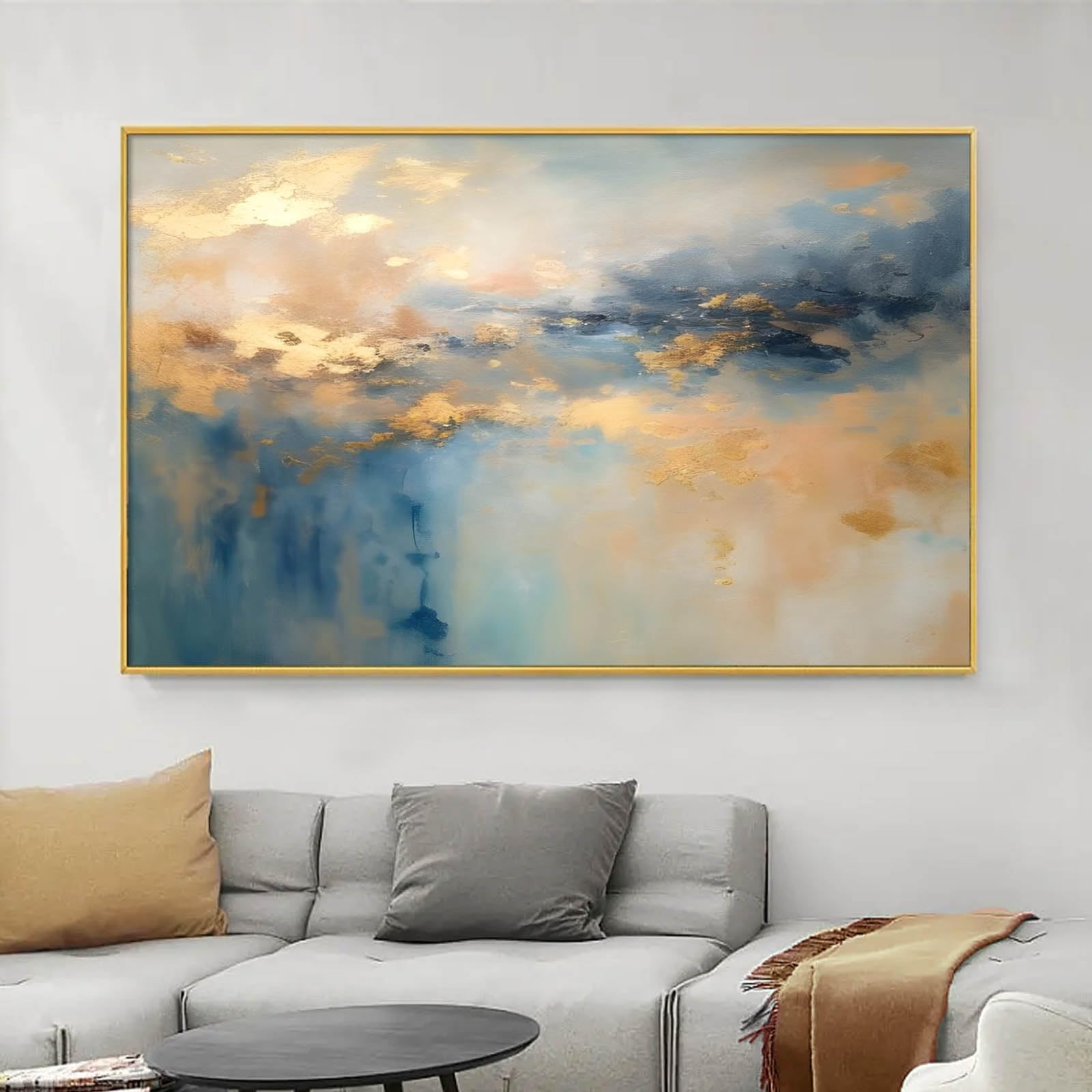 Haruhiart Blue And Gold Abstract Canvas Wall Art Navy Blue Painting Modern Abstract Poster Gold Foil Artwork Gray And Gold Picture Blue Abstract Poster Gray Modern Wall Art For Living Room 16X24inch Frameless