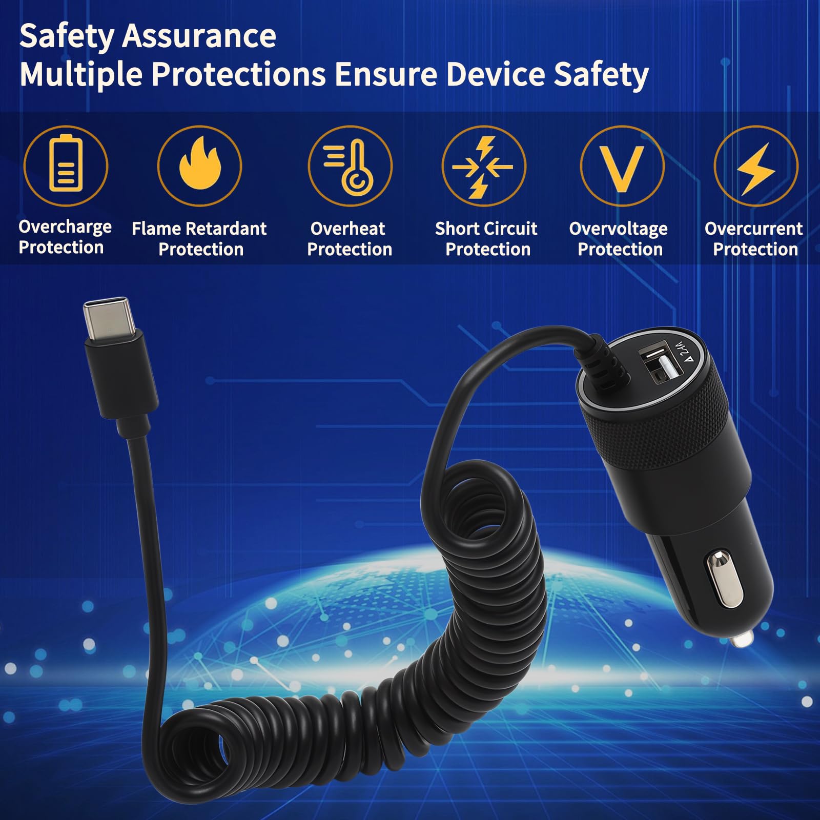 Zapalniczka USB C 2 porty ładowarka samochodowa USB C z kablem sprężynowym typu C o długości 1,2 m, ładowarka samochodowa do telefonu komórkowego Samsung S25/S24/S23/S21/A55/A16/Z Fold6/Z Flip 3