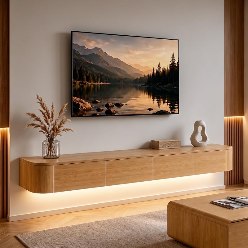 Modern Floating TV Unit with LED Lighting | Wall-Mounted Entertainment Media Console | Large Storage TV Bench for Living Room & Office (Wood, 102.3'')