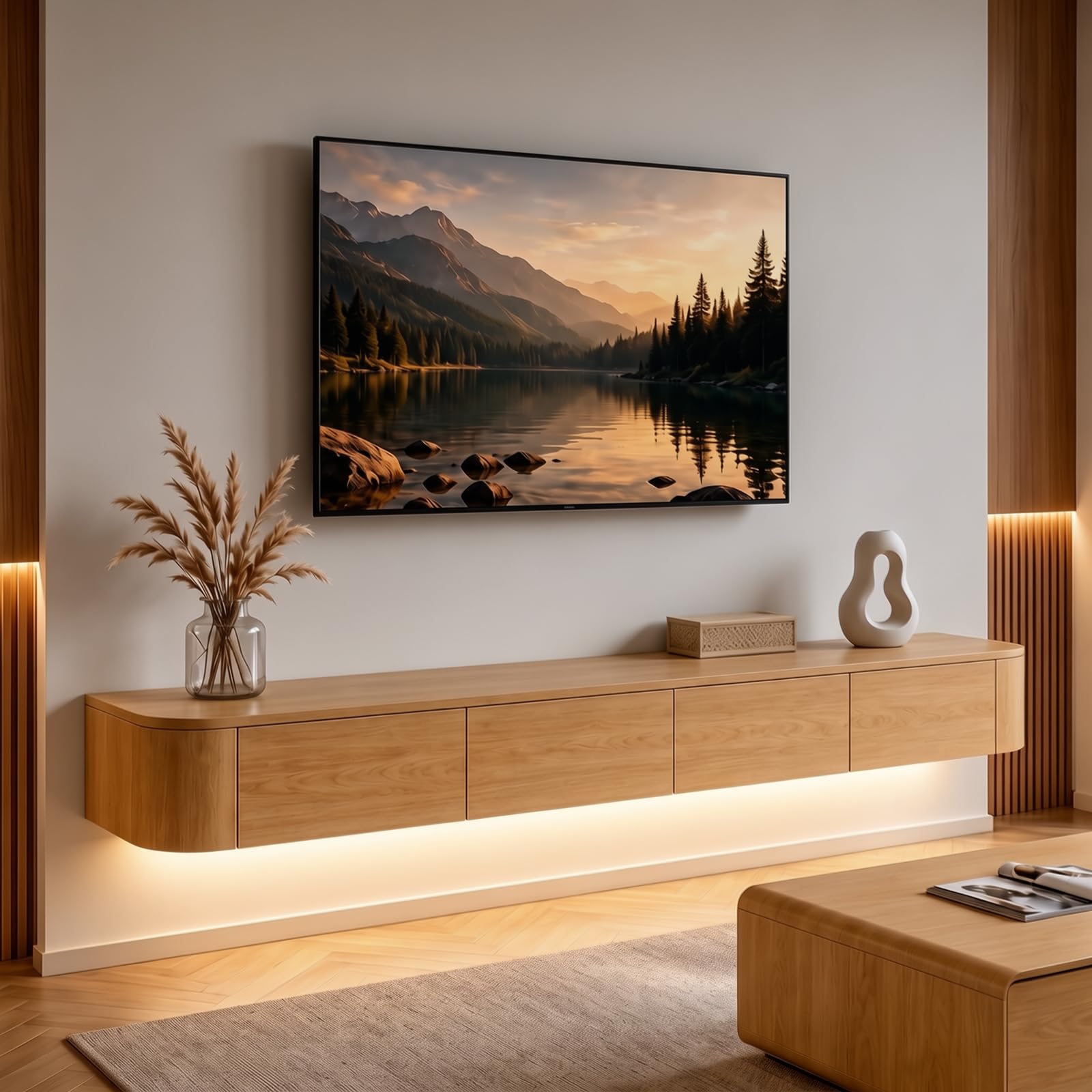 Mueble TV Suspendido Moderna con luz LED | Consola de Medios de Entretenimiento Montada en la Pared | Banco de TV con Gran Capacidad de Almacenamiento para Sala de Estar y Oficina (Madera, 200cm)