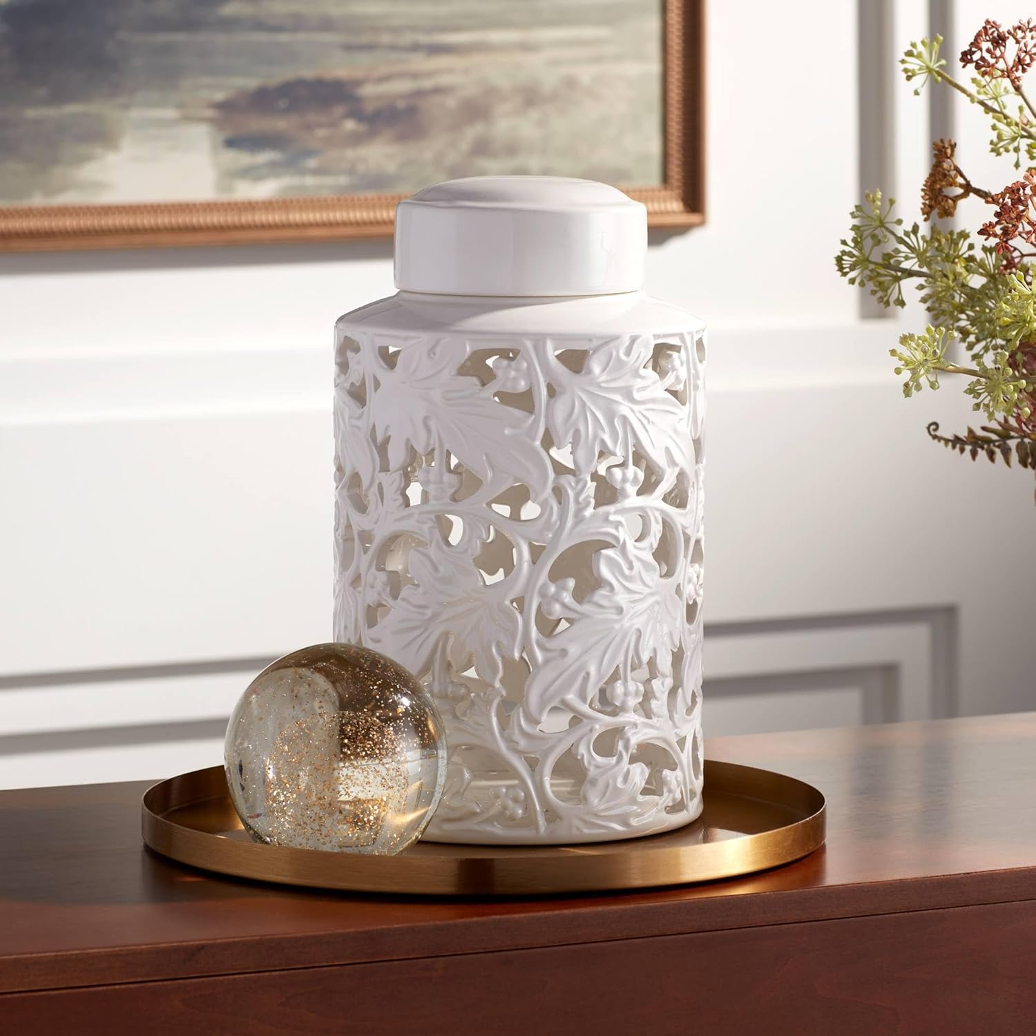 Angelique 12" High White Cottage Core Ceramic Ginger Jar with Lid - Dahlia Studios