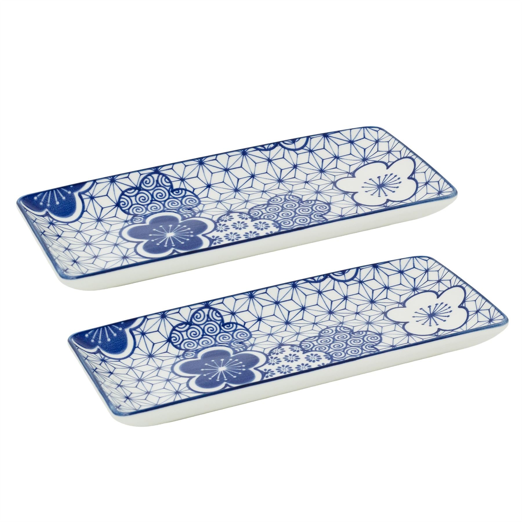 Carousel Home Set of 2 Japanese Style Blue and White Ceramic Serving Platters, 24.5cm Rectangular Sushi Snack Tray Chinoiserie Serving Dishes