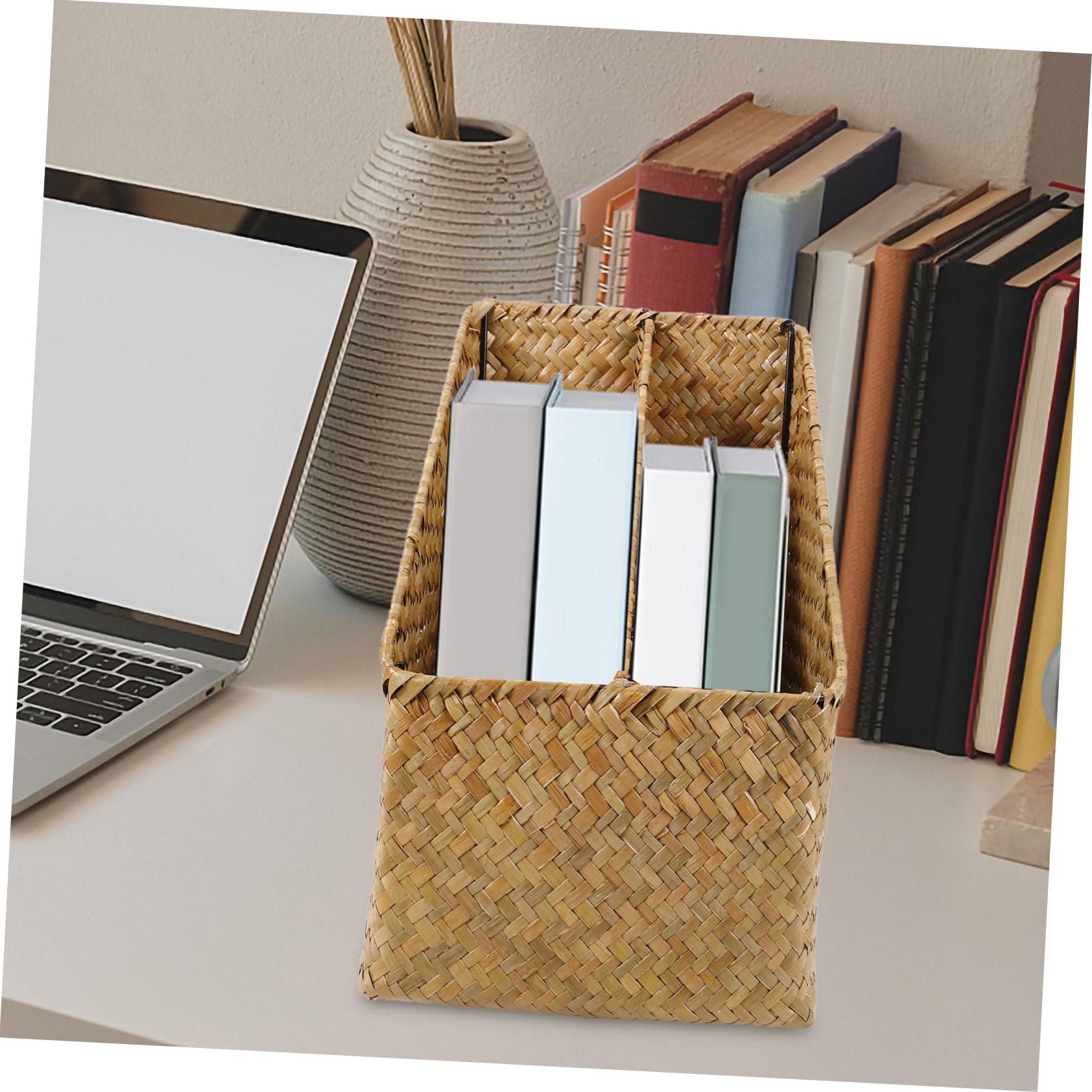 HOOTNEE Straw Storage Bins 2pcs Woven Book Baskets Desktop Book Organizer Home