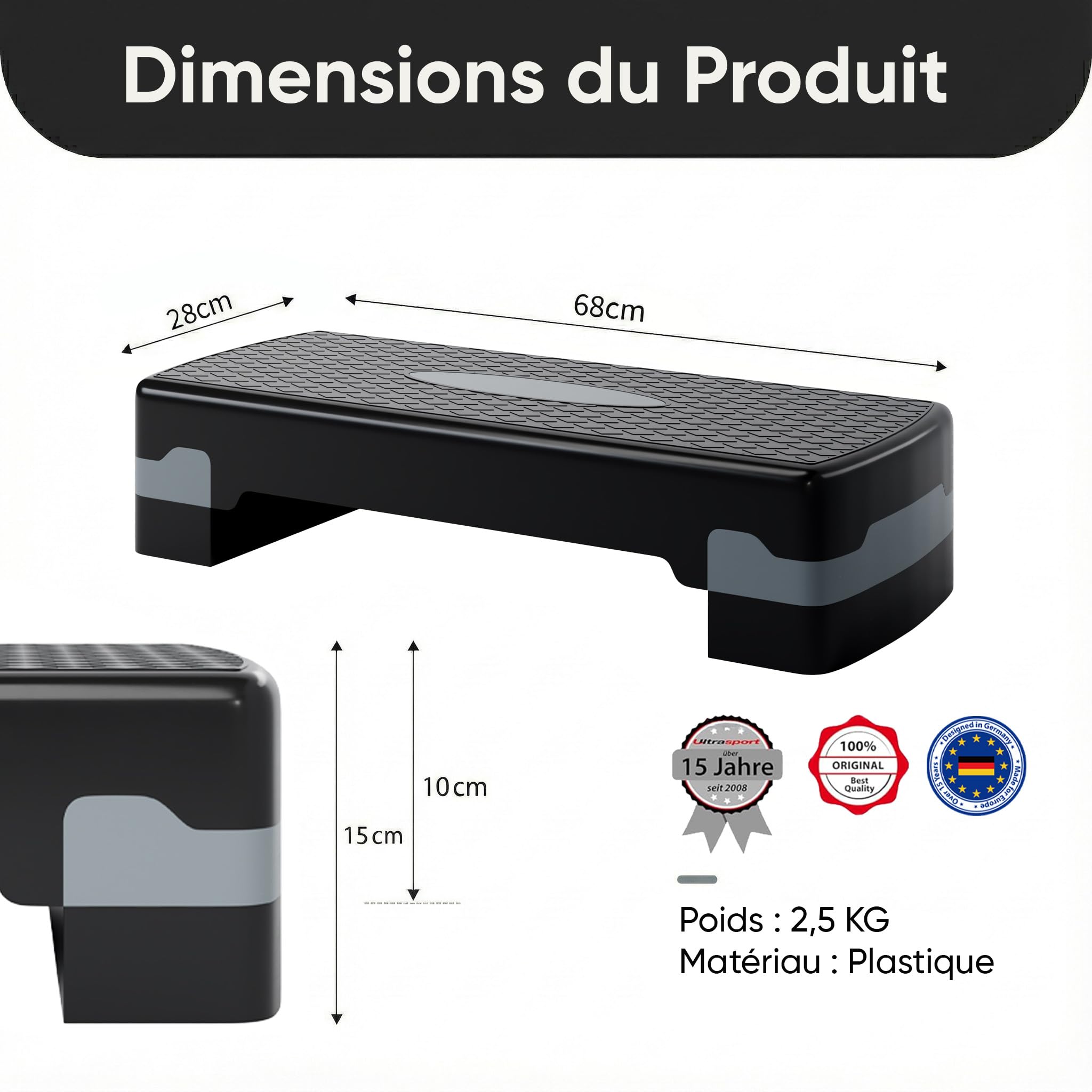 Ultrasport Step Aérobic I Antidérapant, Réglable sur 2 Niveaux I Stepper Fitness Appartement, Stepboard, Sport Stepbench 68 x 28 cm, Gris