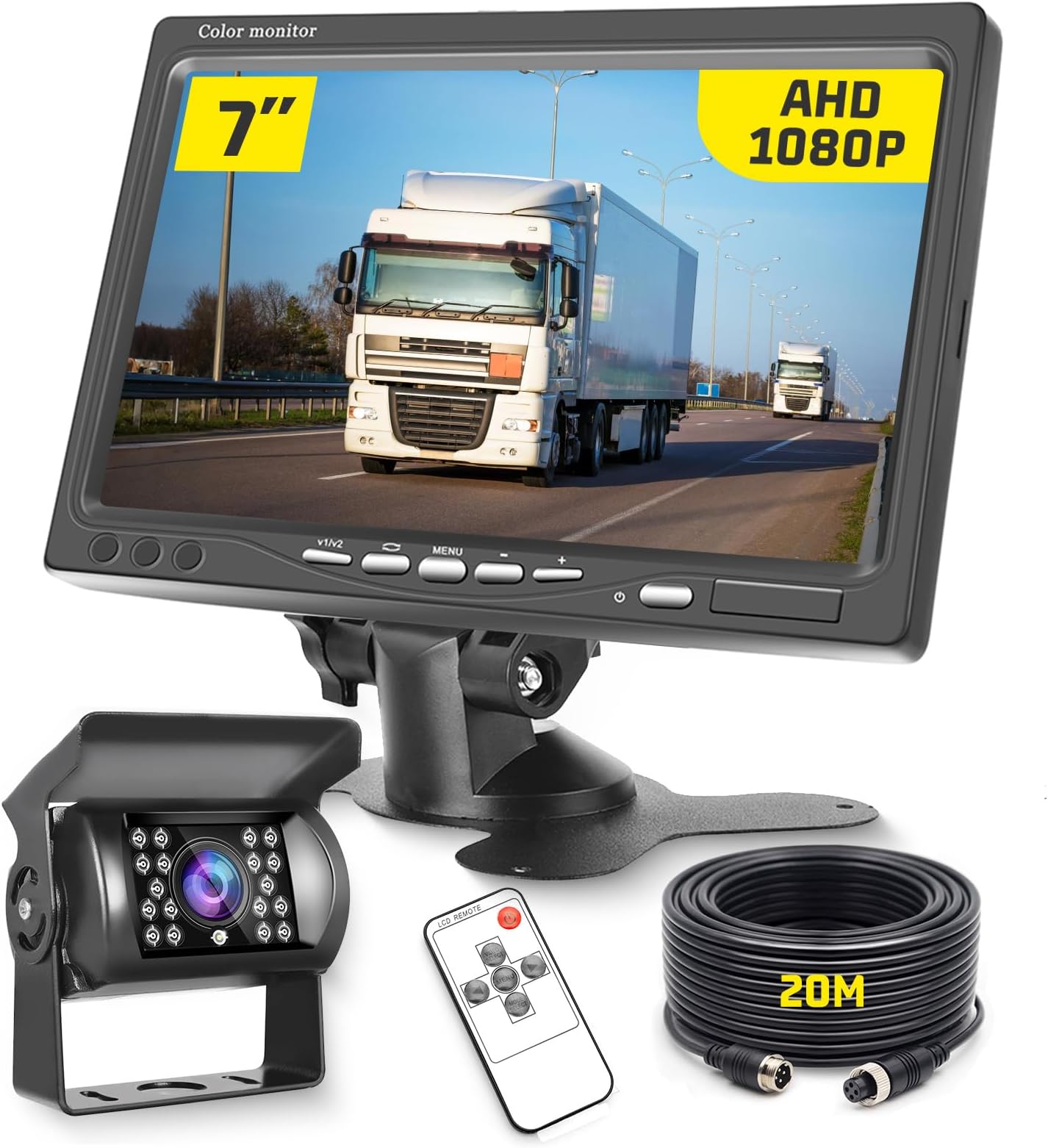 URVOLAX Retrocamera Wireless con Rilevamento AI e Allarme Acustico, Telecamera Posteriore con Monitor, 7 FHD 1080P Kit Sistema di Parcheggio Impermeabile per Camper, Roulotte, Furgoni e Rimorchi