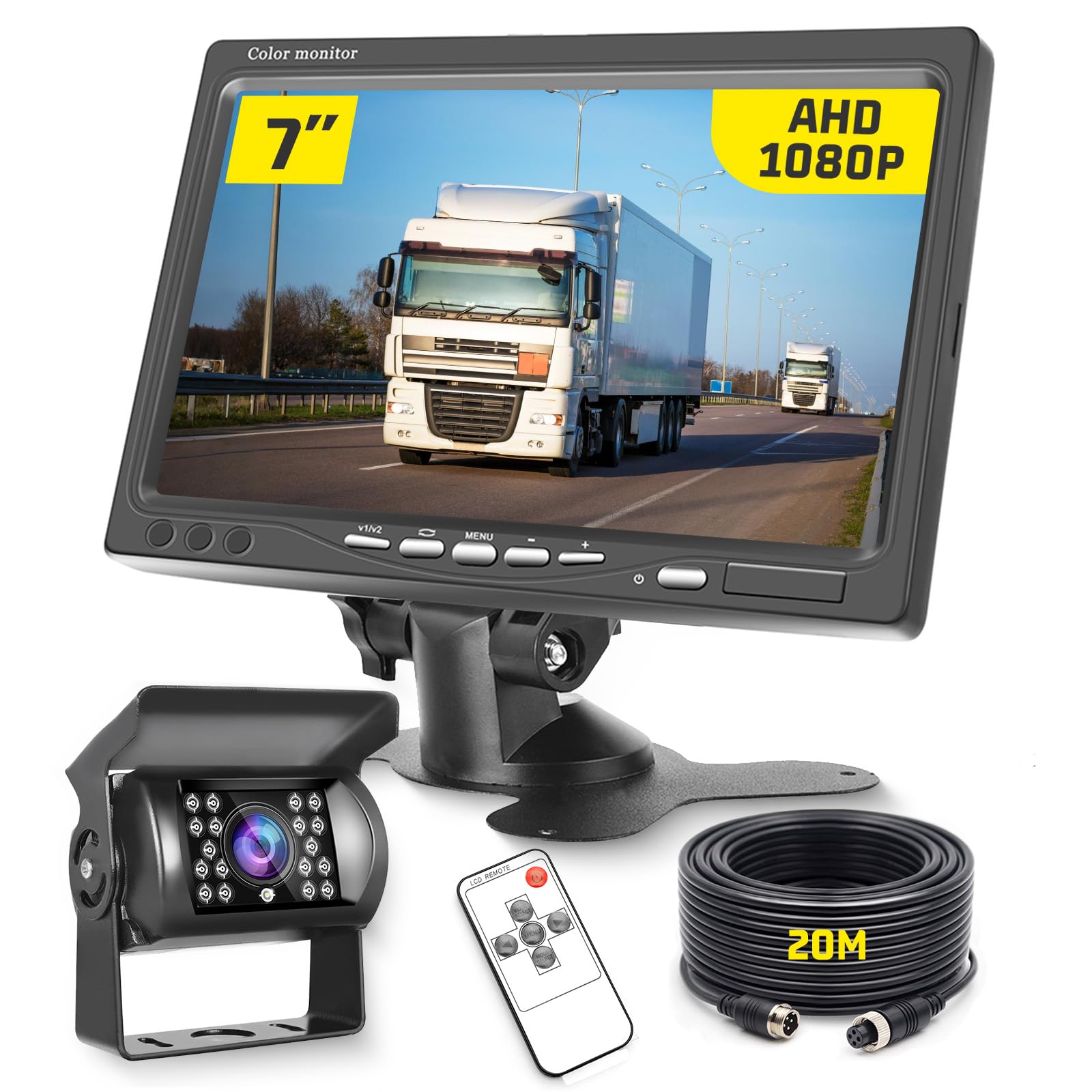 Hikity 12-24V Cámara de Marcha Atrás 7 Pulgadas LCD Monitor, IP68 Impermeable Cámara de Visión Trasera, Visión Nocturna Camara Trasera de Coche para Camiones, RV, Furgonetas, Caravanas