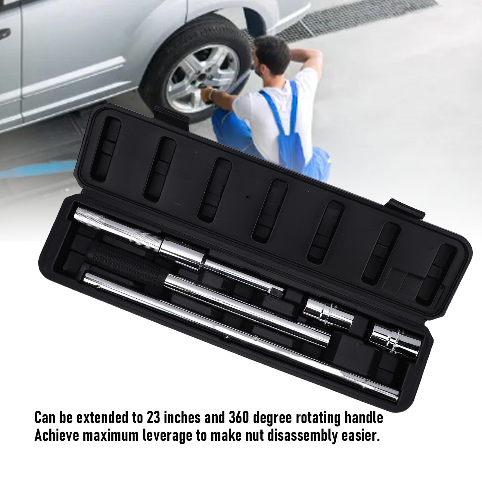 Akozon Clé à Molette étendue Robuste, Outil de Démontage D'écrou de Fer à 4 Voies avec Boîte de Rangement pour L'entretien des Roues de Voiture