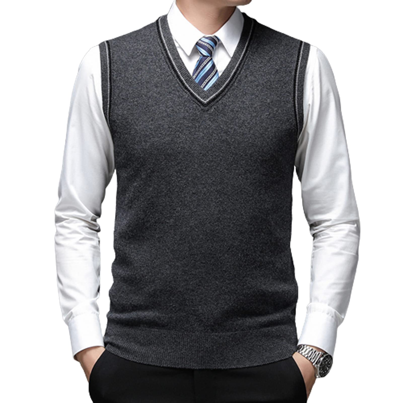 Chaleco De SuéTer para Hombres SuéTer Sin Mangas con Cuello En V Casual Caliente Jersey Invierno De Chaqueta De Punto De Otoño Botón Jumper Empresarial Chaleco Top Dark gray-110