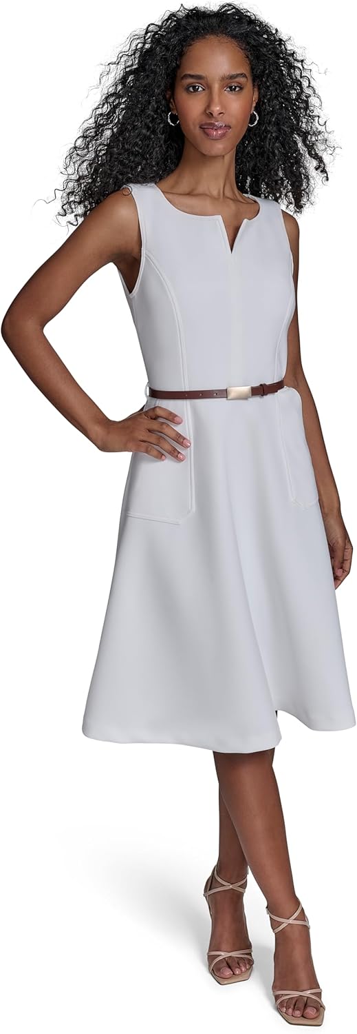 Calvin Klein Womens Sleeveless Split Neck Belted Crepe A-line Dress