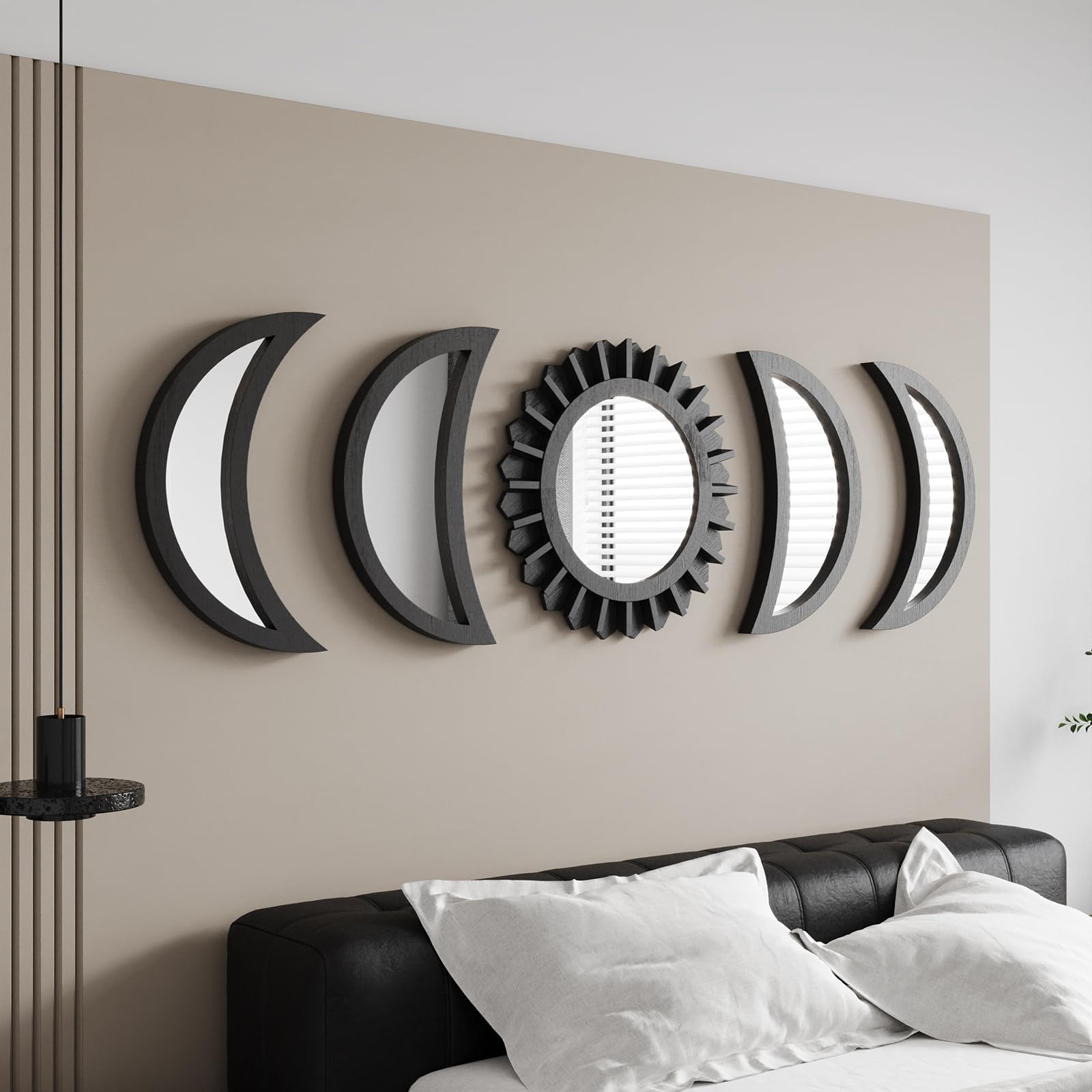 Photo 1 of ** SOLD AS IS NO REFUND/RETURN** SEE COMMENT!
WAKOSAN Wall Mirror, Moon Phase Mirror Set, Wall Decor for Bedroom, Bohemian 5PCS Wooden and Real Glass Mirror with Crystal Clear Reflection, Boho Decor, Multi-Angle Installation (Black) chipped and scratched