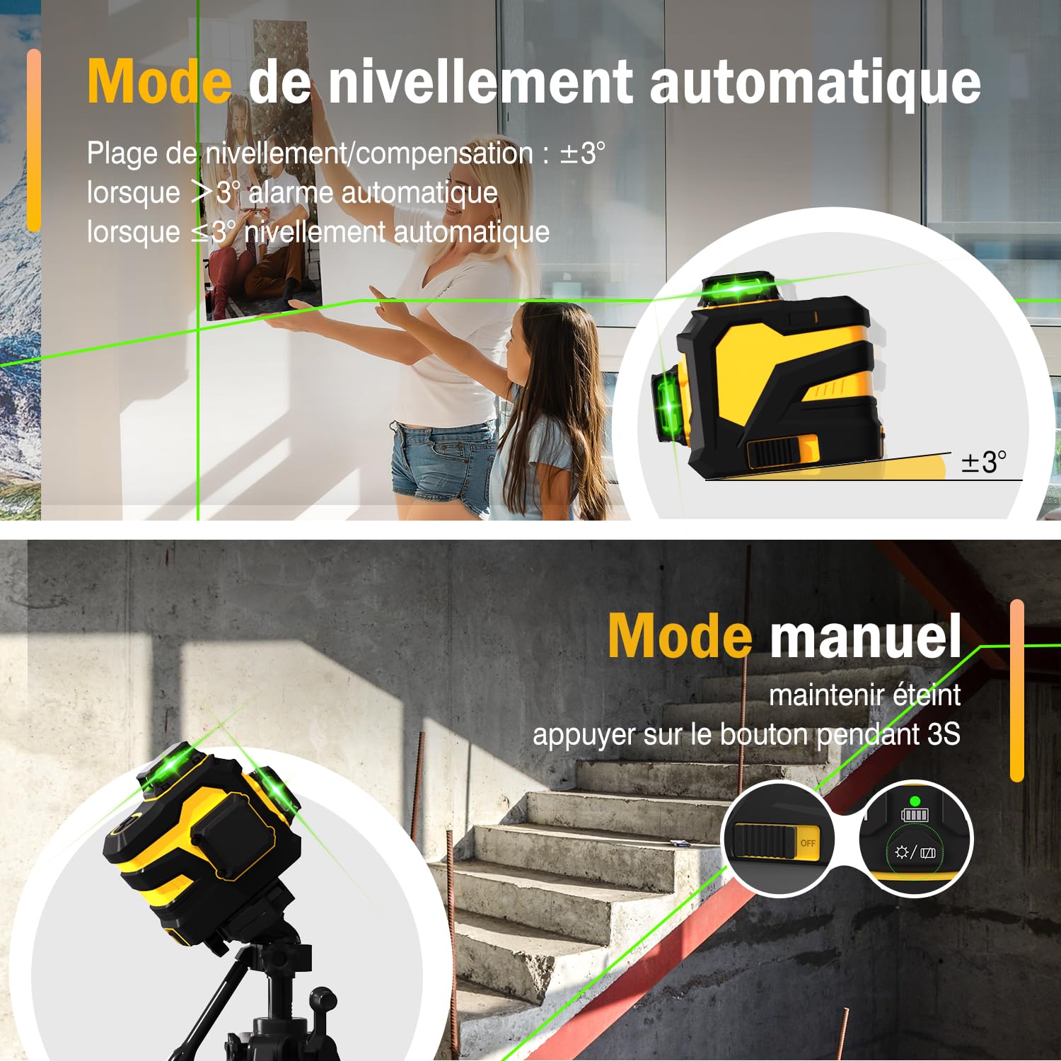 Niveau Laser mit répied，3x360°Laser Chantier Autonivelant vert 3D,rotatif avec 59.9inch trepied Réglable, 5200mAh Batterie Rechargeable