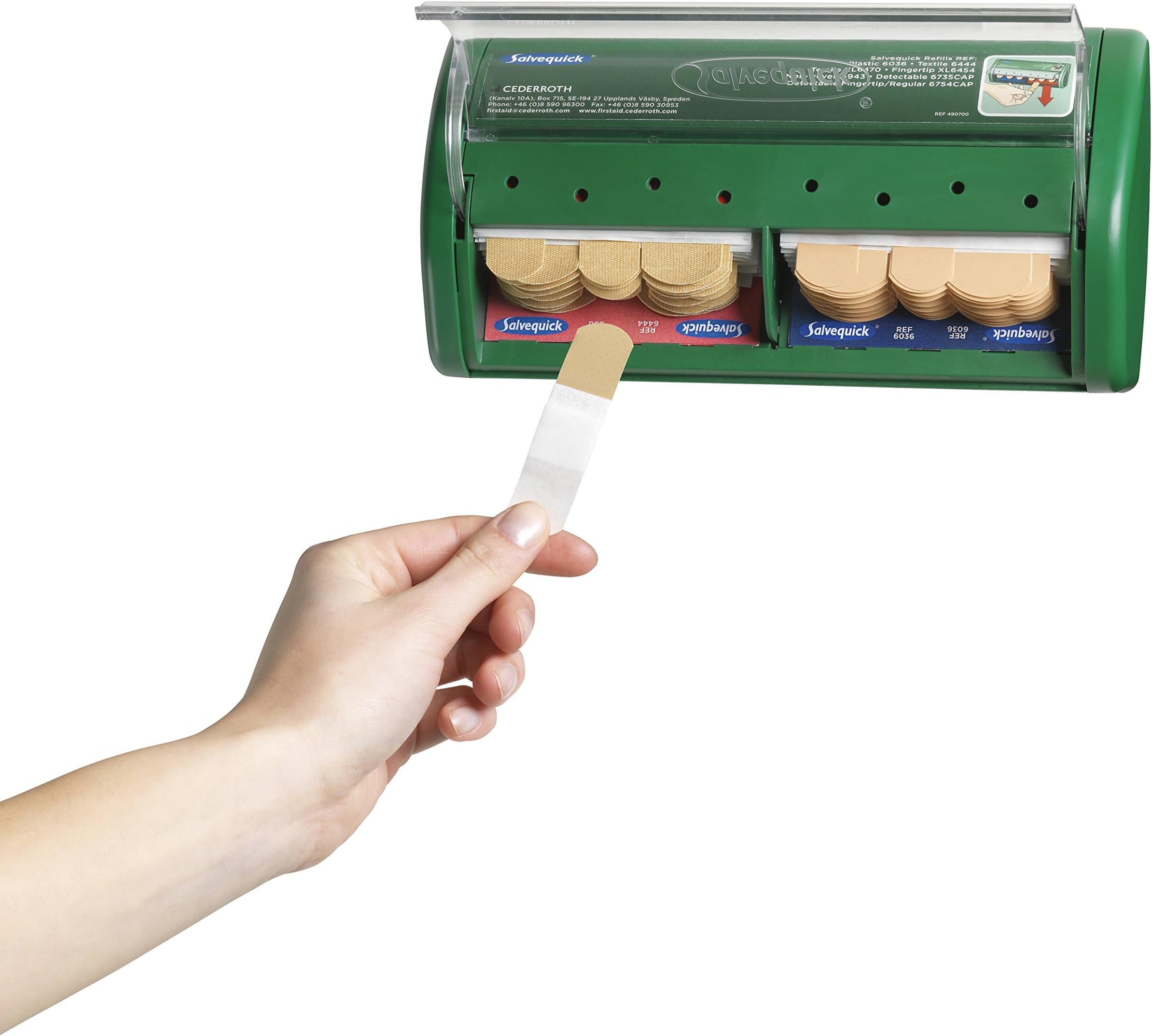 Cederoth Salvequick Plaster Dispenser 490700 with 40 Textile Plasters (Ref 6444) and 45 Water-Repellent Plasters (REF 6036)