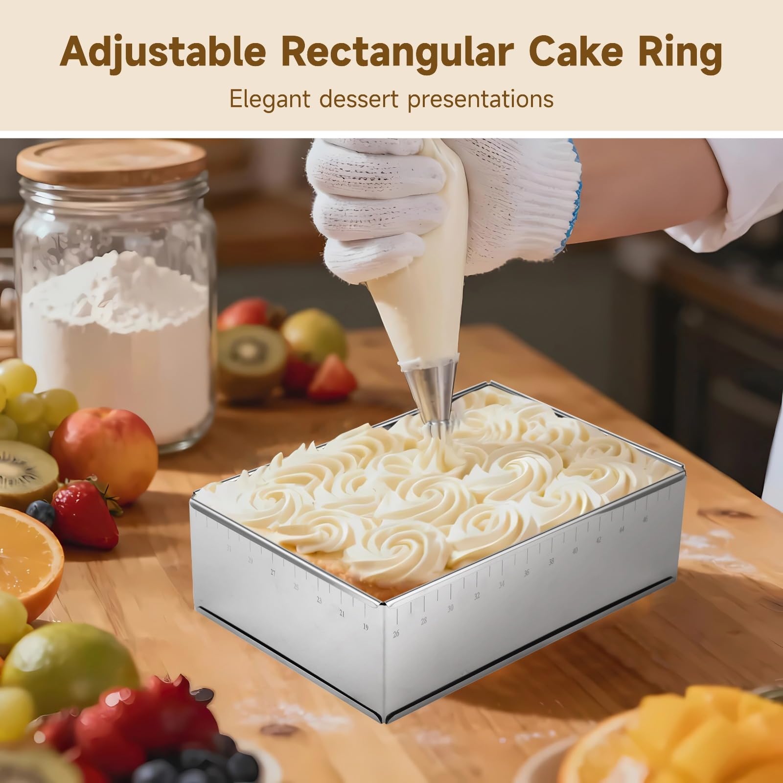 Verstellbarer rechteckiger Tortenring aus Edelstahl, Mousse-Kuchenringform für Tiramisu, ausziehbarer Rahmen mit präziser Skala, zum Backen von Kuchen, Gebäck und Schichtdesserts