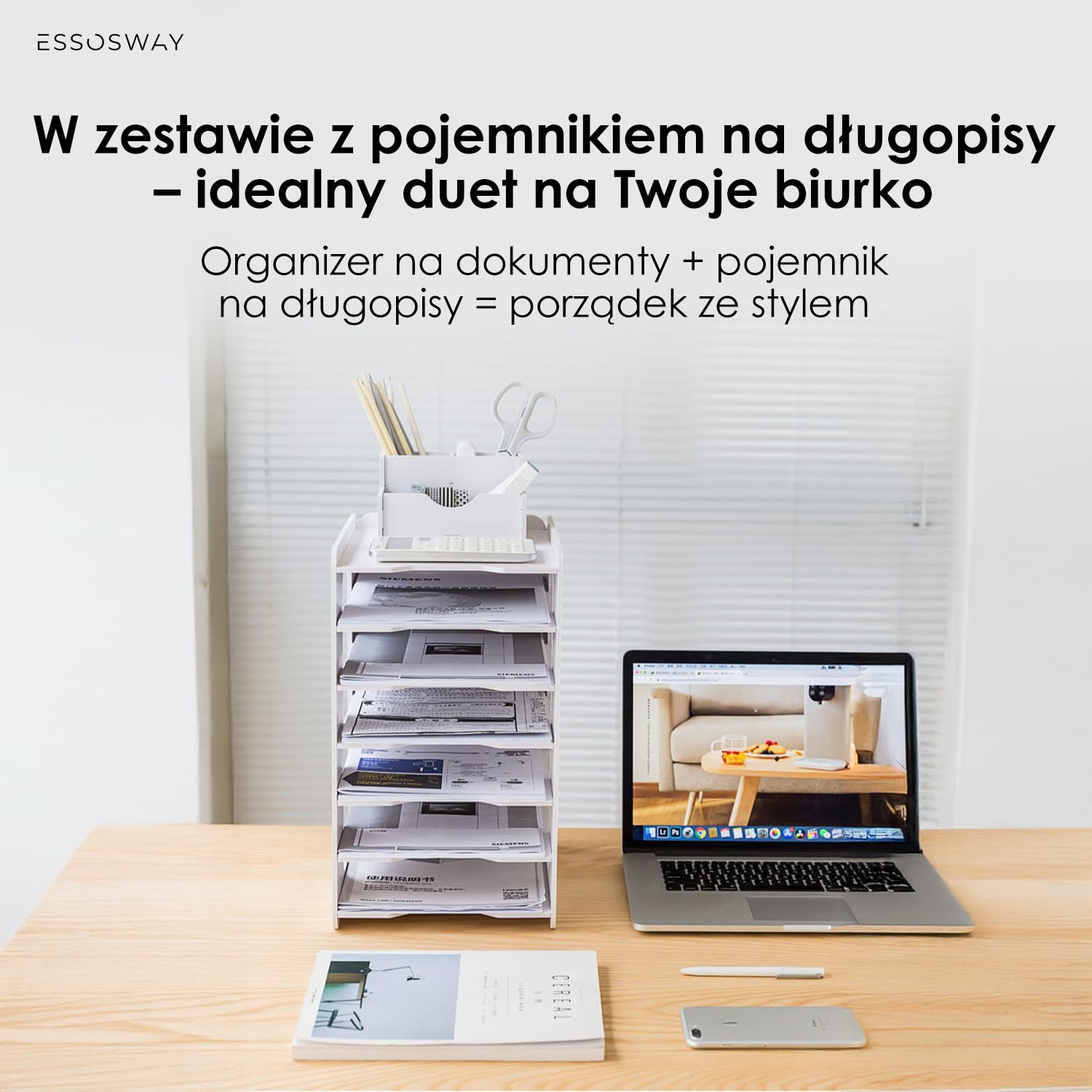 Organizer na biurko - Pojemnik na Dokumenty A4 - z 7 Szufladami i Przybornikiem na Długopisy - Akcesoria biurowe - do Domu i Biura - Biały