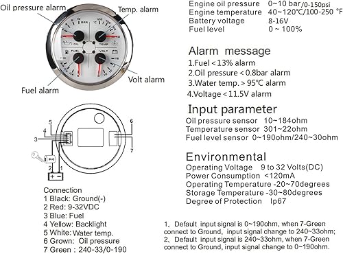 Miniatura 6 de Calibre multifunción 4 en 1, voltímetro de 3.346in, nivel de combustible, presión de aceite, medidor de temperatura de agua, impermeable DC 9 a 32