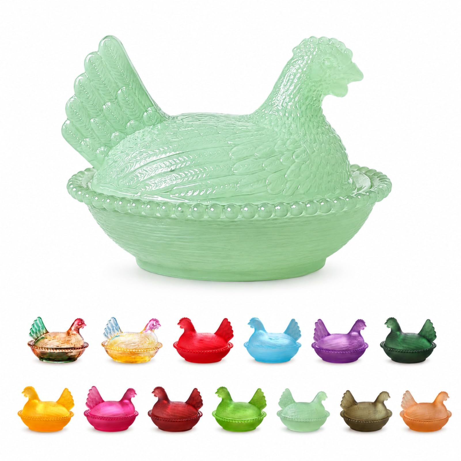 TJKK Vintage Hen Shaped Glass Storage Dish Decorative Lidded Trinket Bowl Multipurpose Glass Candy Jar for Kitchen Countertop Bedroom Dresser Easter Home Decor Gift (12 * 8cm,Milk Green)