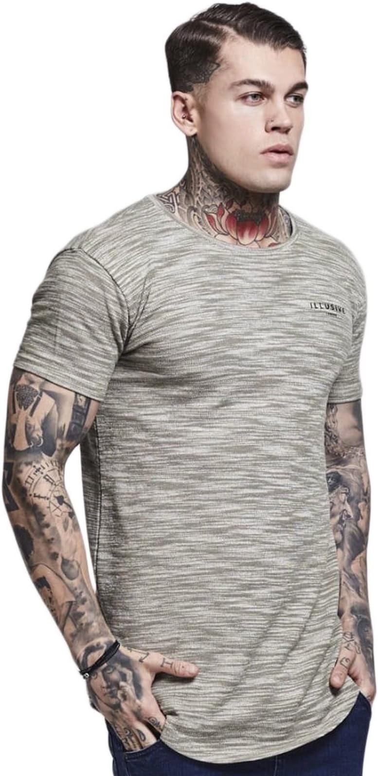 Illusive London Mens T Shirt Curved Hem Slim Fit Designer Short-Long Sleeve Tee Top Various Styles and Colours