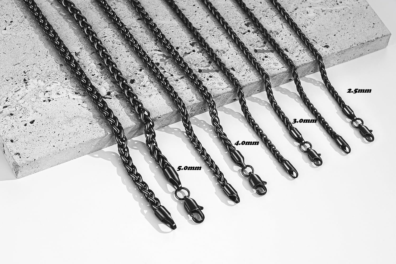 Black Stainless Steel Wheat Chain Necklace for Men and Women, 2.5mm/3mm/4mm/5mm Mens Chains, 18-30 Inches - Image 6