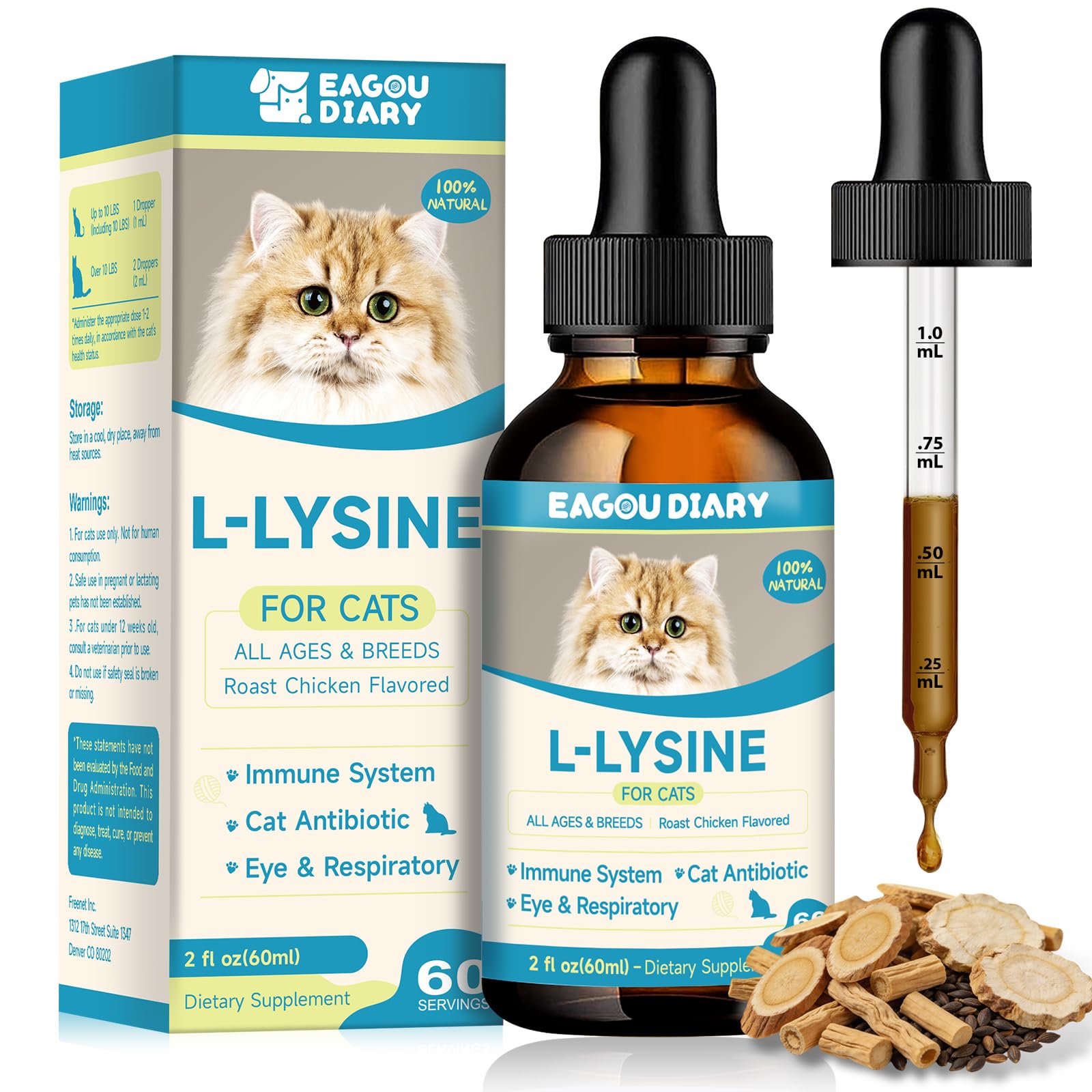 L-Lysine for Cats,Lysine Drops Immune Support Supplement,Sneezing,Cold,Allergy Relief,Runny Nose,Feline Respiratory,Natural Antibiotics for Cats with Colostrum,Taurine (Roast Chicken Flavor/2floz)
