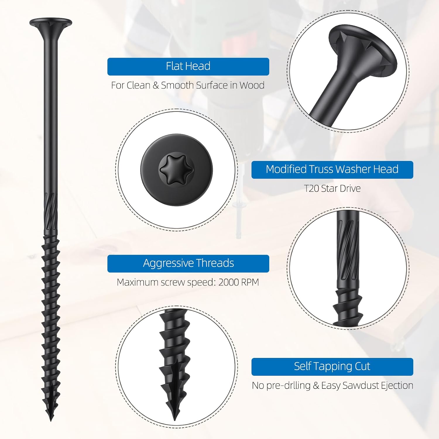 #10 x4 Deck Screws, 5LB Star Drive Wood Screws,248Pcs Rust Resistant Timber Screws for Timber/Log/Landscaping Wood, T25 Star Bit Included, Black