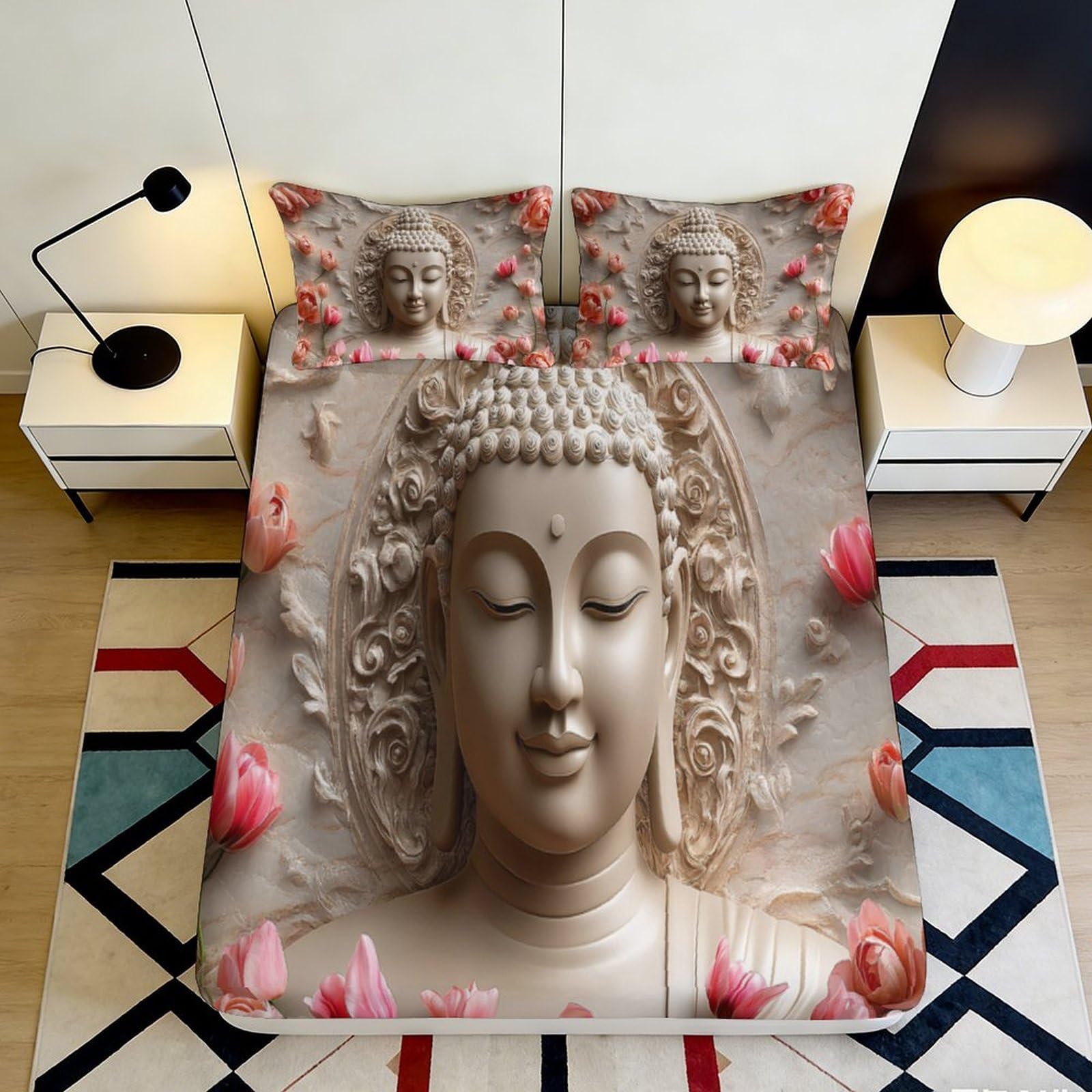 3D Printed Buddha Statue Fitted Sheet Microfiber Beige Floral Lotus Bed Cover for Bedroom Guest Room Decor 90x200x25cm