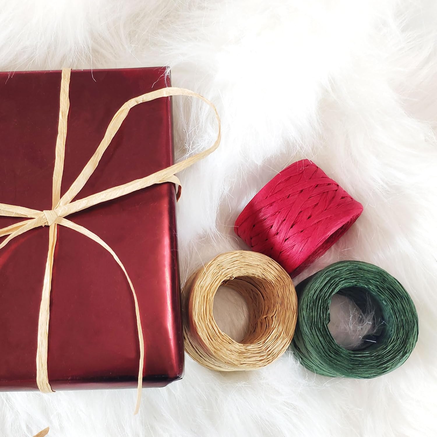 3 Rolls Red Green Kraft 1/4" By 492 Feet Raffia Ribbon/String, 164 Feet Each Roll, Packing Paper Twine for Christmas
