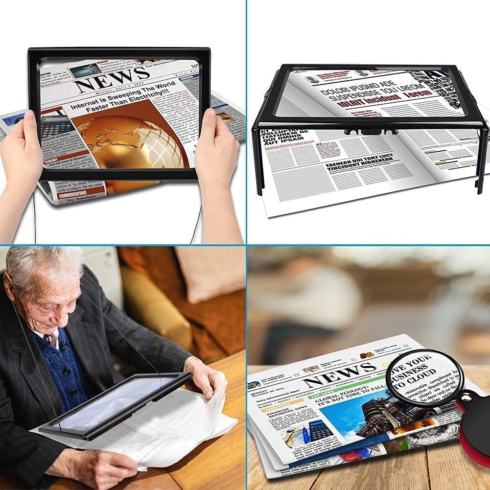 Lente d'Ingrandimento 3X Rettangolare A4 per la Lettura a Pagina Intera, Grande Lente d'Ingrandimento Pieghevole a Mani libere con 4 luci a LED, Perfetto ausilio per la l