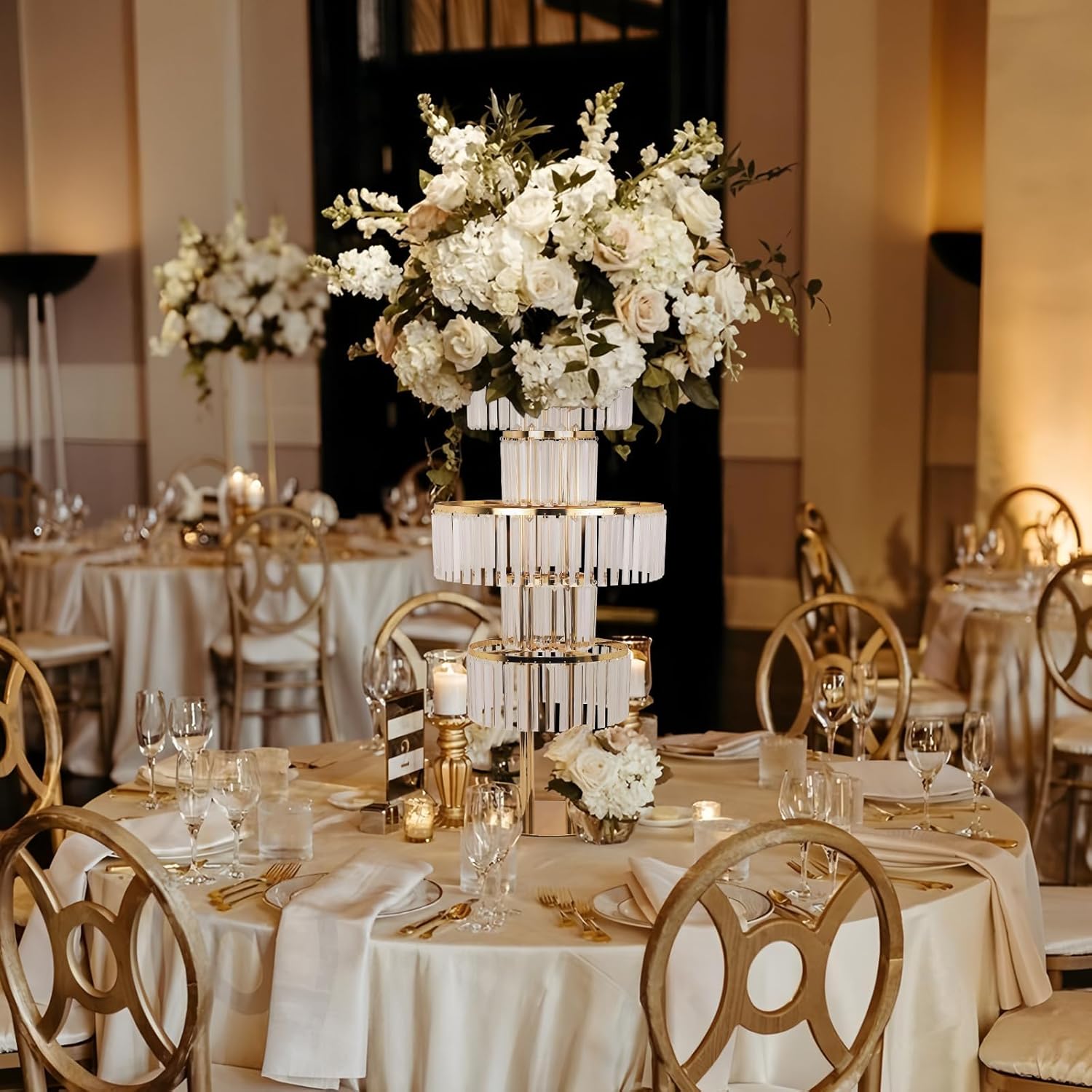 2PCS 5-Tier Crystal Vase Metal Flower Stand | Elegant Table Centerpiece with Crystal Pendants for Wedding, Party, Event & Home Decoration | Large Chandelier Display Rack