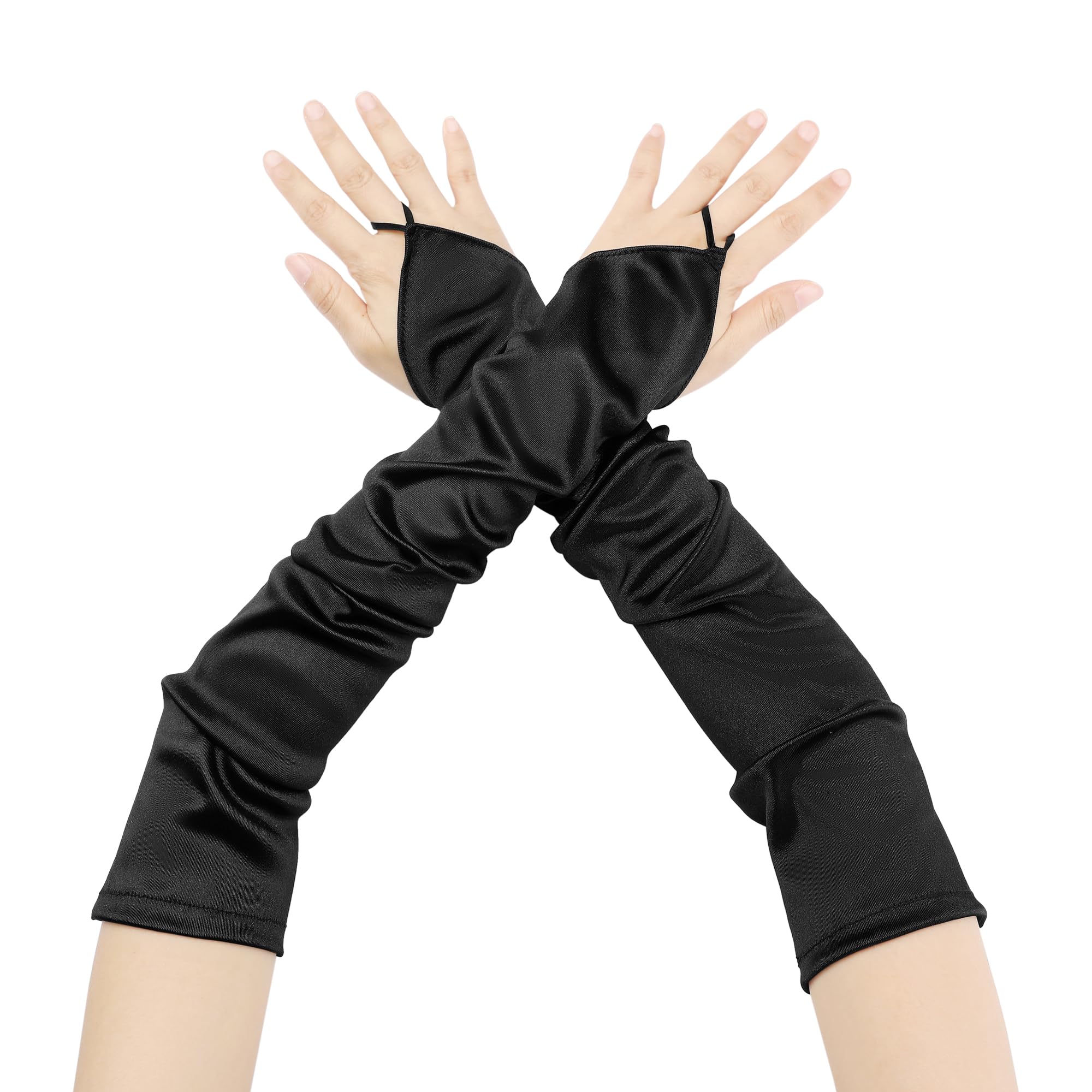 Elerevyo Women's Fingerless Sleeves Elbow Long 1920s Satin Gloves with Finger Loop for Wedding Party Black One Size