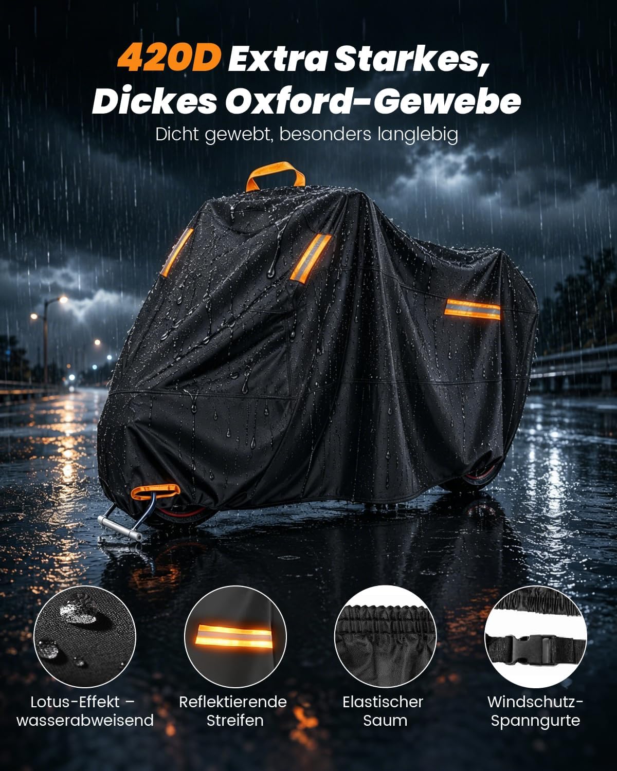 Bâche de protection pour moto, 4XL, 420D, imperméable, résistante aux UV, à la poussière, au vent, convient pour de nombreux modèles (295 x 110 x 140 cm)