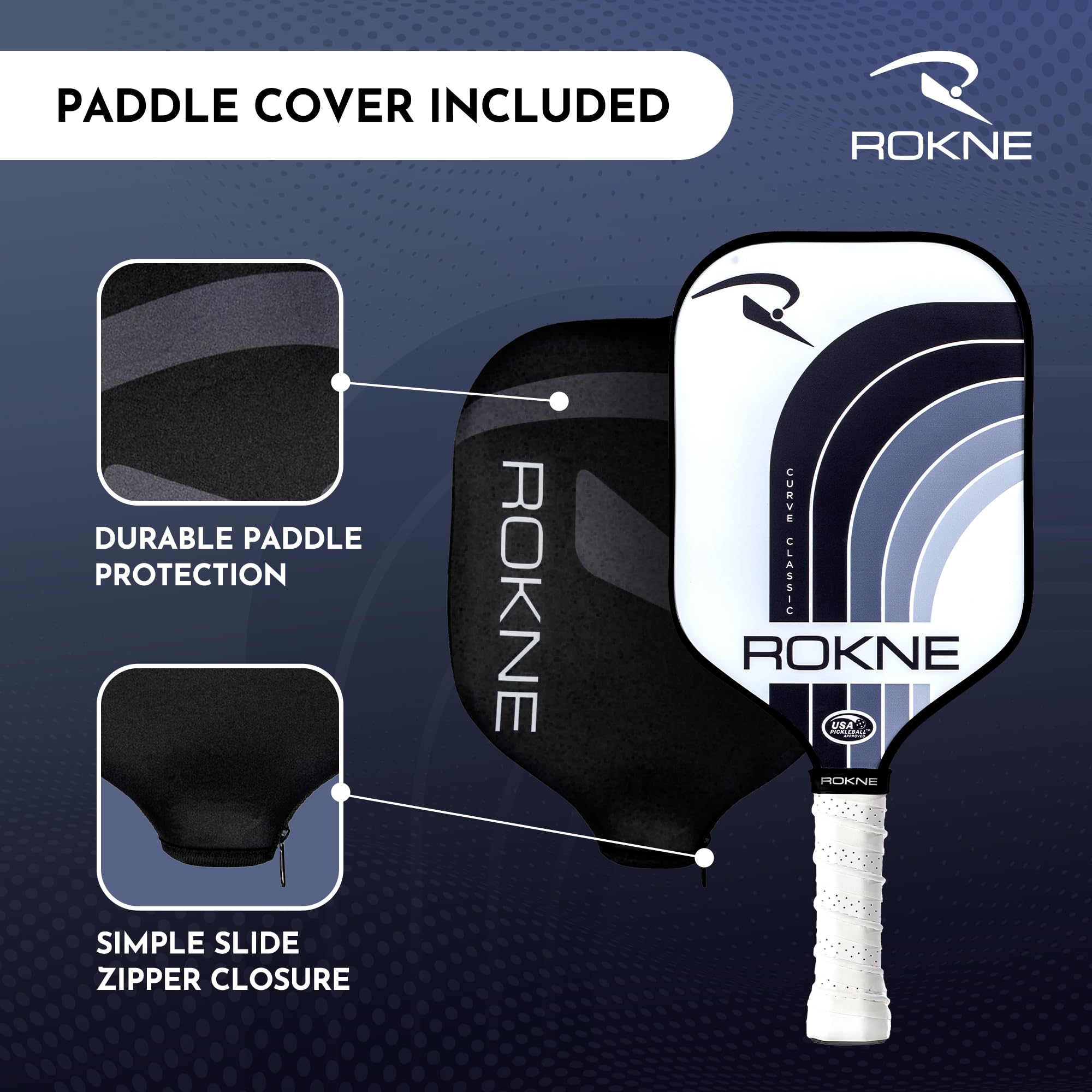 ROKNE Curve Classic Pickleball Paddle – USAPA Zugelassen, Fiberglas-Oberfläche, Mittelschwer, Für Spin & Kontrolle, Inkl. Gepolstertem Griff