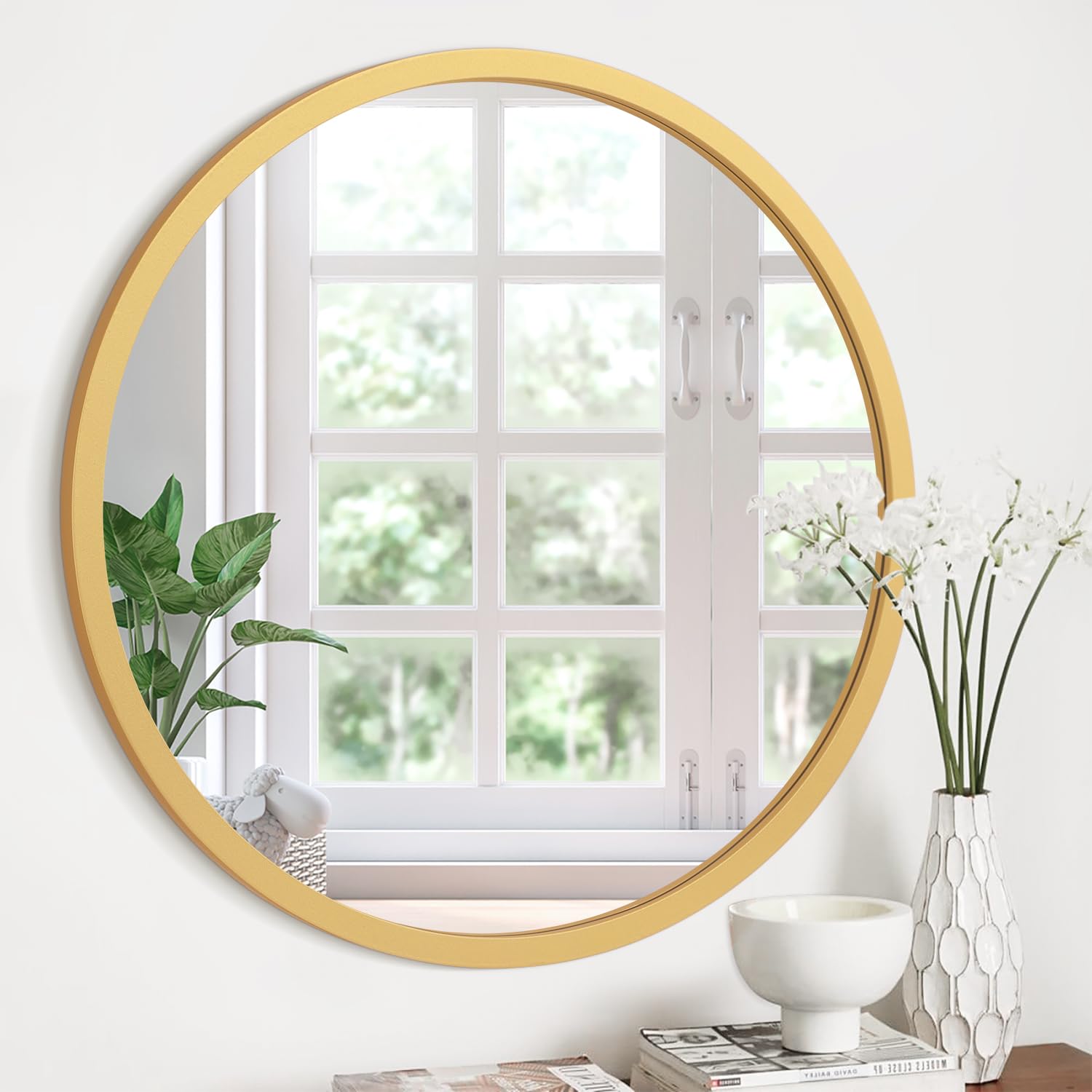 JJUUYOU Circle Wall Mirror 40 CM Wooden Round Mirror for Bathroom Gold Circular Mirrors Washroom Wall Mounted Wood Frame Make up Mirrors for Living Room Bedroom Dorm