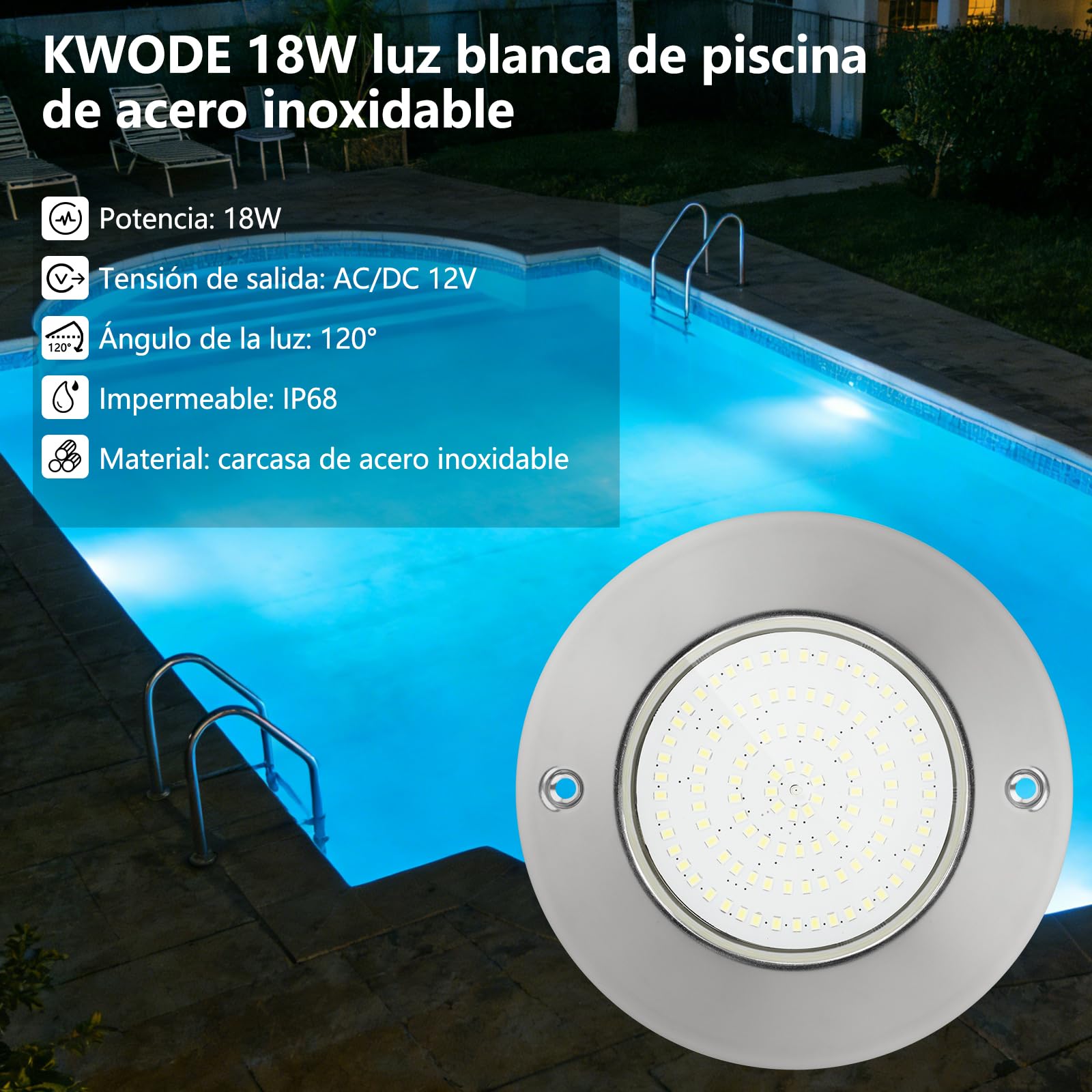 Iluminación LED para Piscina, 18W Focos Subacuáticos Blanco Frío en Acero Inoxidable, Impermeable IP68, Montaje Superficial, Lámpara para Piscina 12V AC/DC