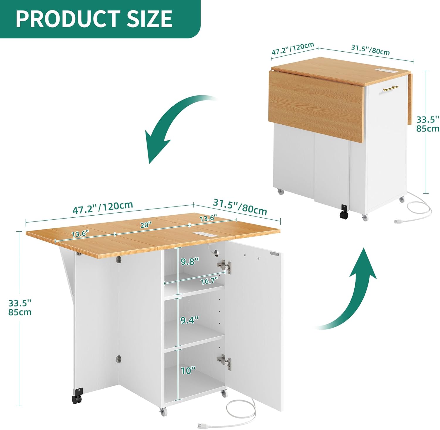 Diagram showing the dimensions of the kitchen island in both folded and extended states.