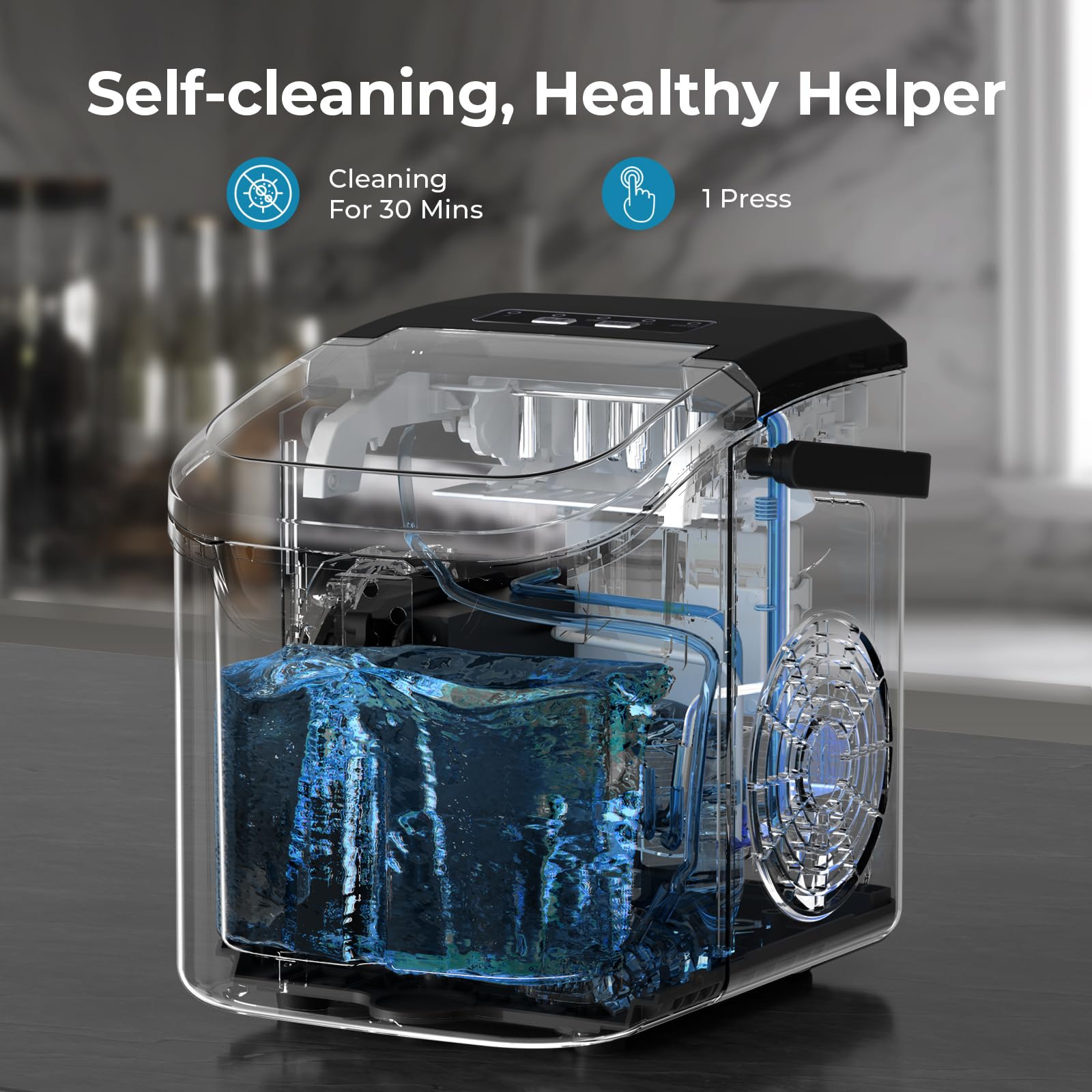 Máquina para hacer hielo de encimera, 8 cubitos de hielo en 6 minutos, 26 libras/día de hielo con 2 tamaños, mini portátil, ahorro de energía y cesta/cuchara para el hogar, fiesta, viajes, camping