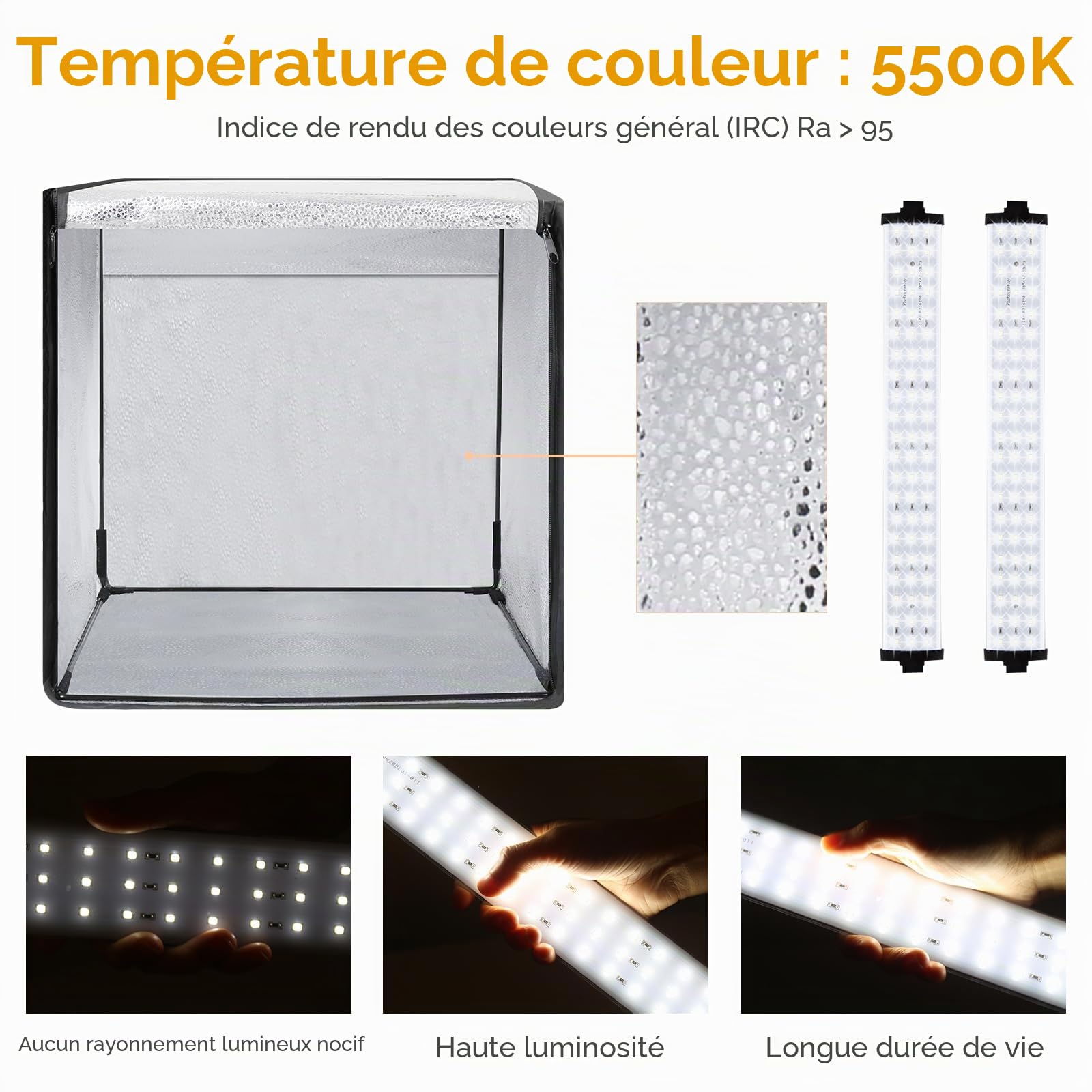 Boîte de studio photo, 61 x 61 x 61 cm, portable, pliable, avec 198 lumières LED à intensité variable et 4 arrière-plans pour la photographie de produits