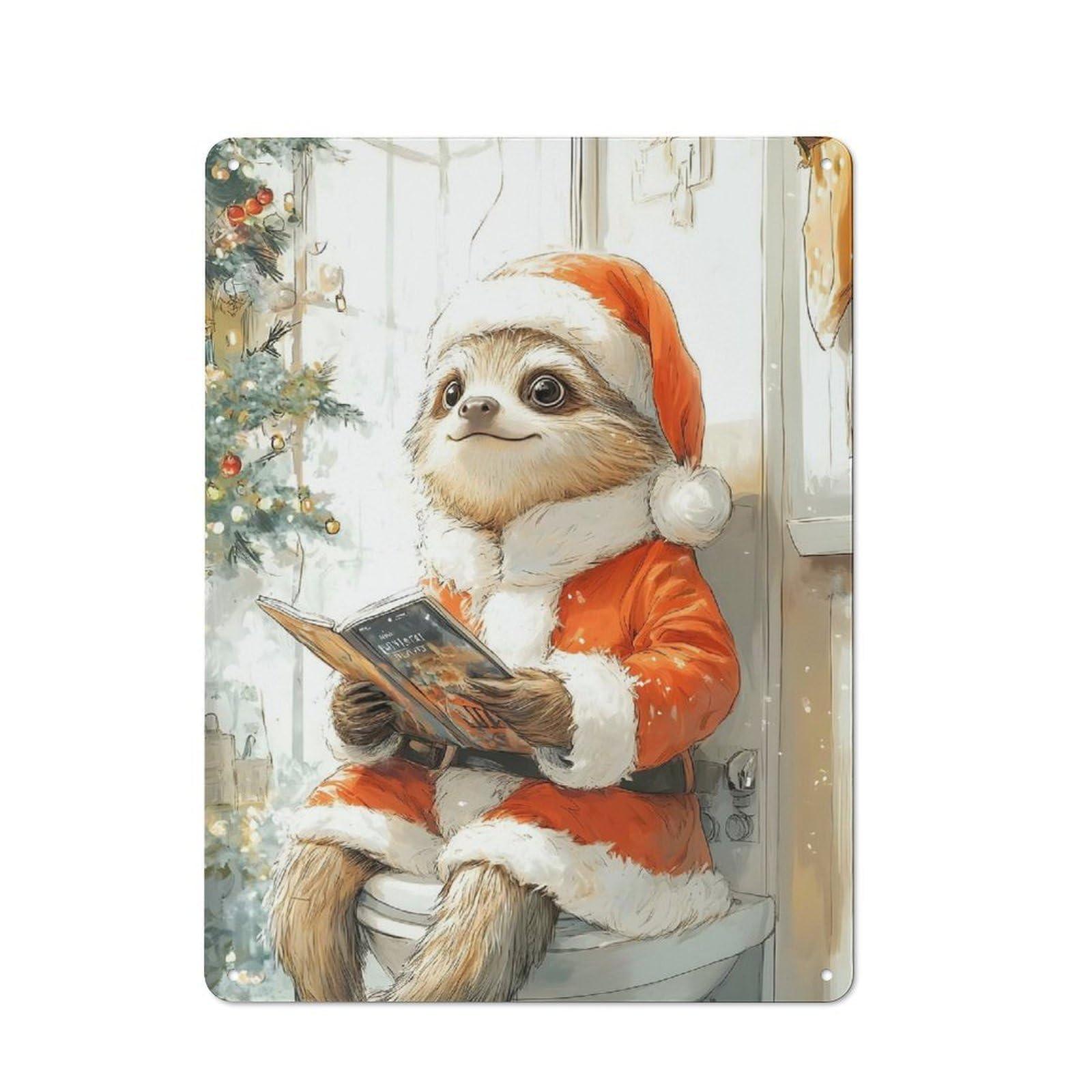 Junmoney Sloth Santa Reading Vintage Tin Sign 40X30cm With For Living Room Or Hallway, Gift Idea At Christmas For Home Wall Decor Collectors