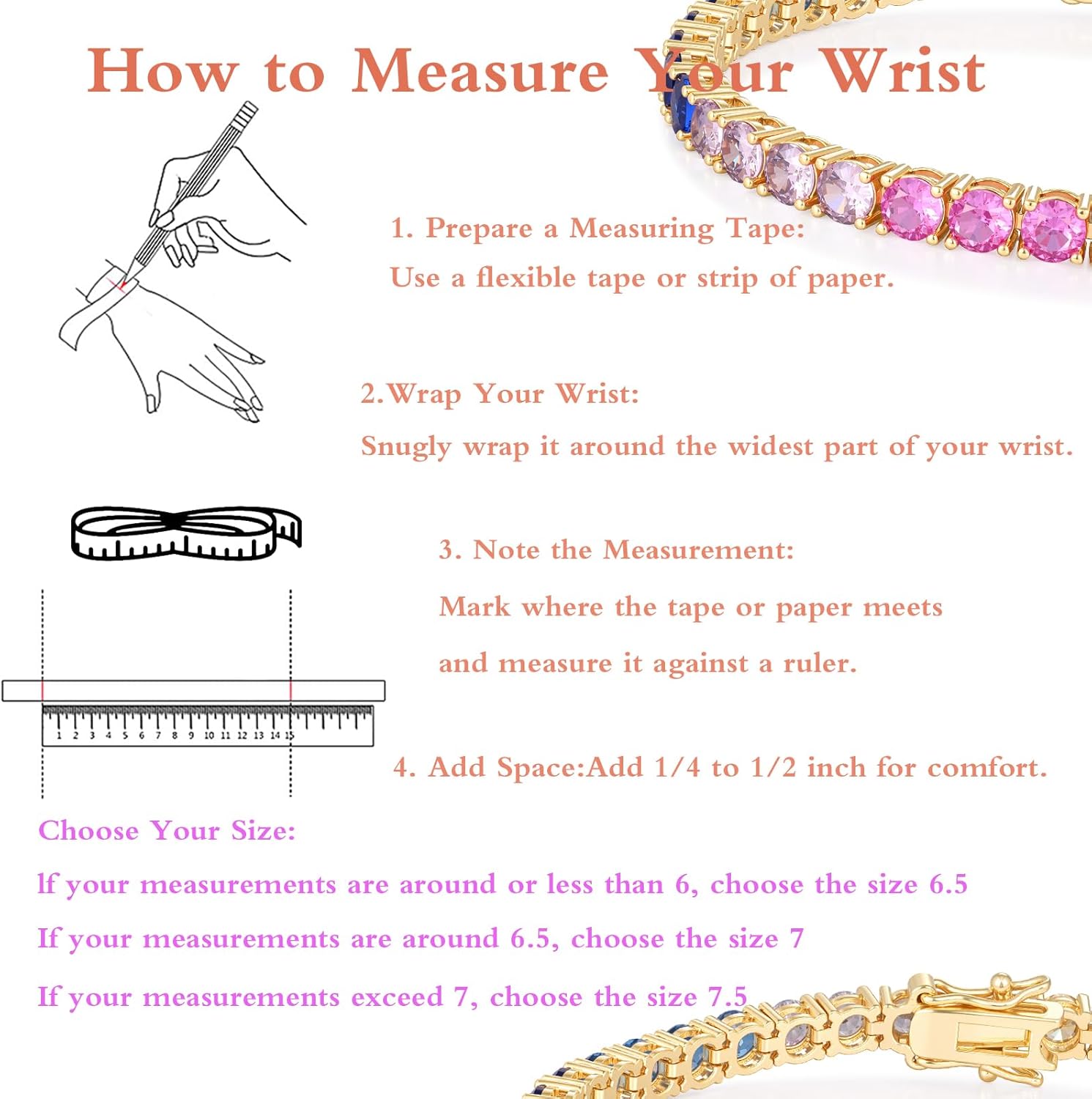 GEMSME 4.0MM Tennis Bracelet for Women-Rainbow Cubic Zirconia Bracelet,14K White/Yellow Gold Plated Colorful Round Cut CZ Tennis Link for Jewelry Gift - Image 6