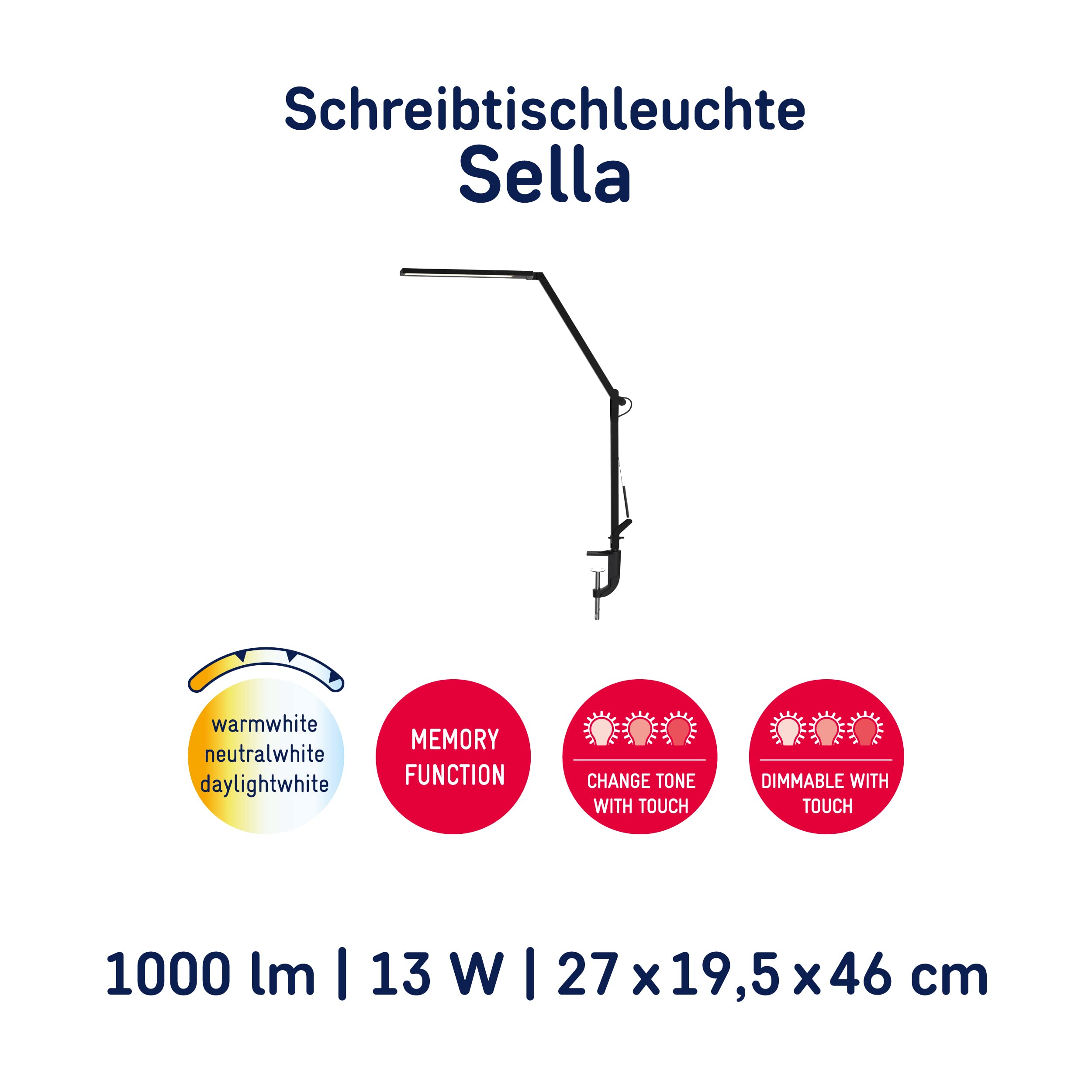 Müller-Licht Sella LED Schreibtischleuchte Schreibtischlampe, Farbwechsel (3000 K/4000 K/6500 K), 9.6 W, schwarz