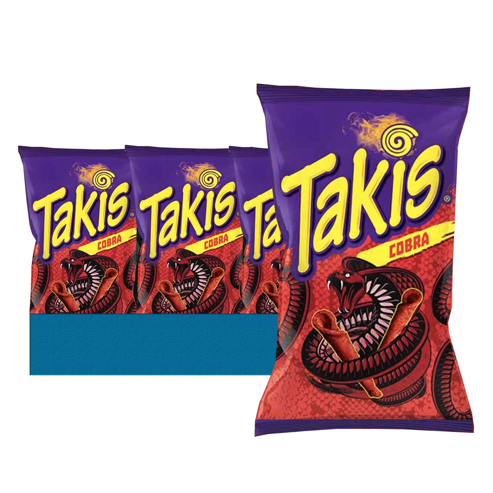 TakisLavinia Essentials Bundle: 4-Pack of Cobra Sharing Size Bag, Hot Chili Pepper Rolled Tortilla Chips 9.9 oz Bag + 1 Utility Prop