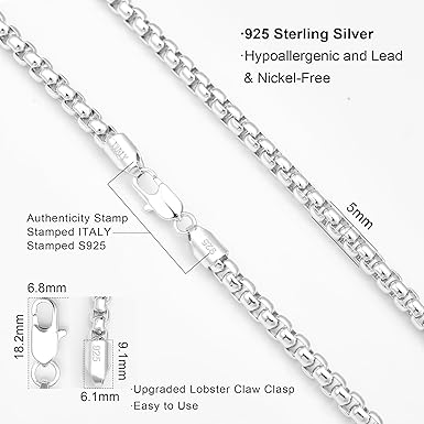 Silver Necklace for men 2.5mm Box Chain 925 Sterling Silver Clasp
