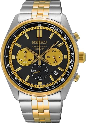 Seiko SSB430P1 Mens 1/5 Second Chronograph Quartz Wristwatch, Silver x Gold, Black Dial, Black, Bracelet Type