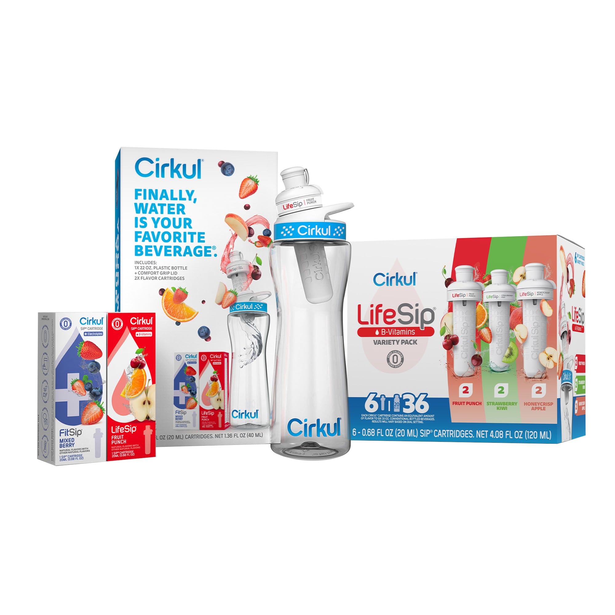 CirkulBig Kid Bundle - 22oz. Plastic Water Bottle Starter Kit with Blue Lid, 2 Flavor Cartridges and LifeSip Flavor Cartridge Variety Pack with B vitamins, 6-Pack Zero Sugar Drink Mix
