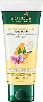 Biotique Ubtan & Collagen Tan Removal Face Scrub for Lighter, Even-Toned and Glowing Skin with Turmeric, Saffron & Almond|For Men & Women-100gm