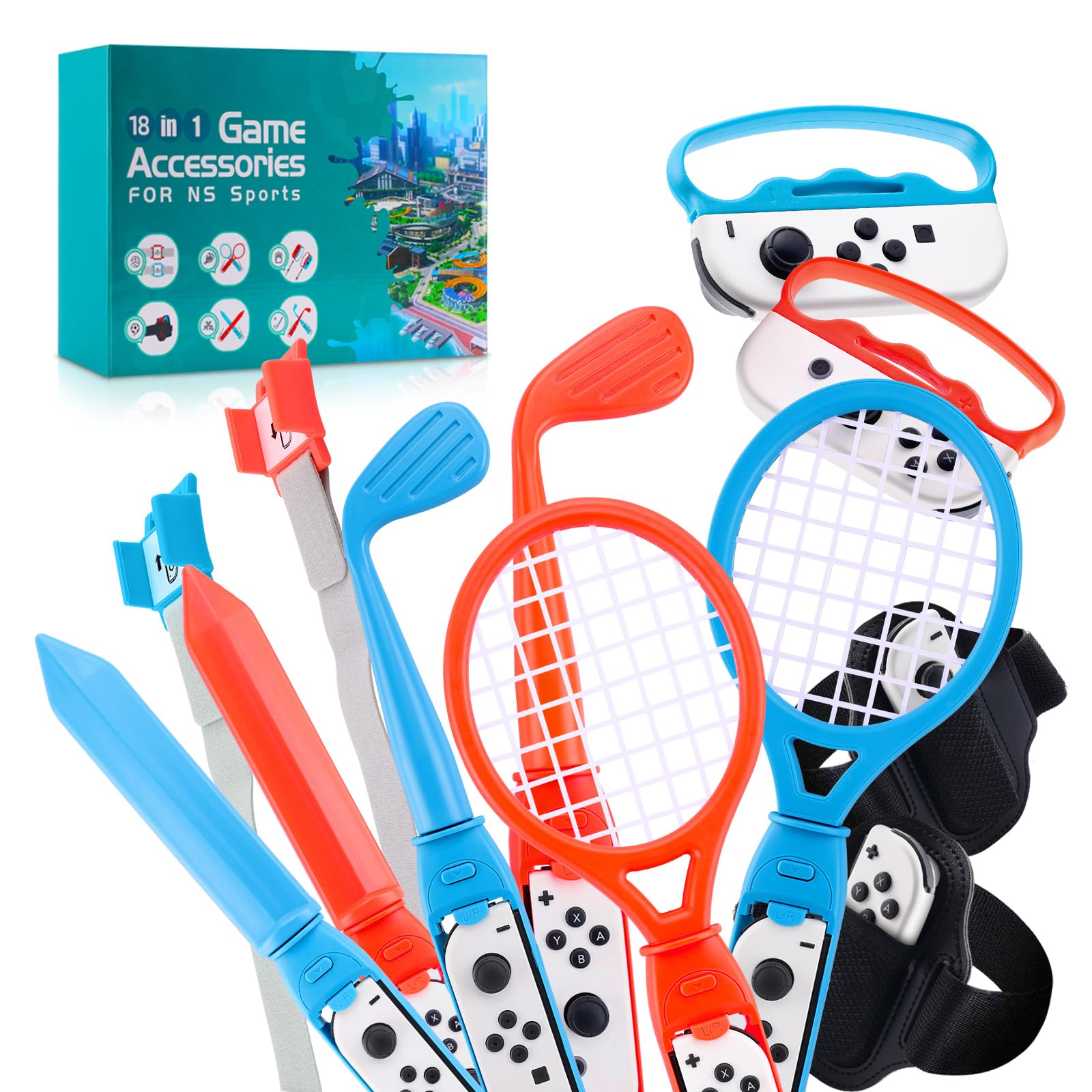 SIKEMAY Nintendo Switch Accessories Bundle, 18 IN 1 Kit for Switch Sports Games, Tennis Rackets, Golf Clubs for Mario Golf Super Rush, Soccer Leg Straps, Sword Grips for Chambara Game, Wrist Bands